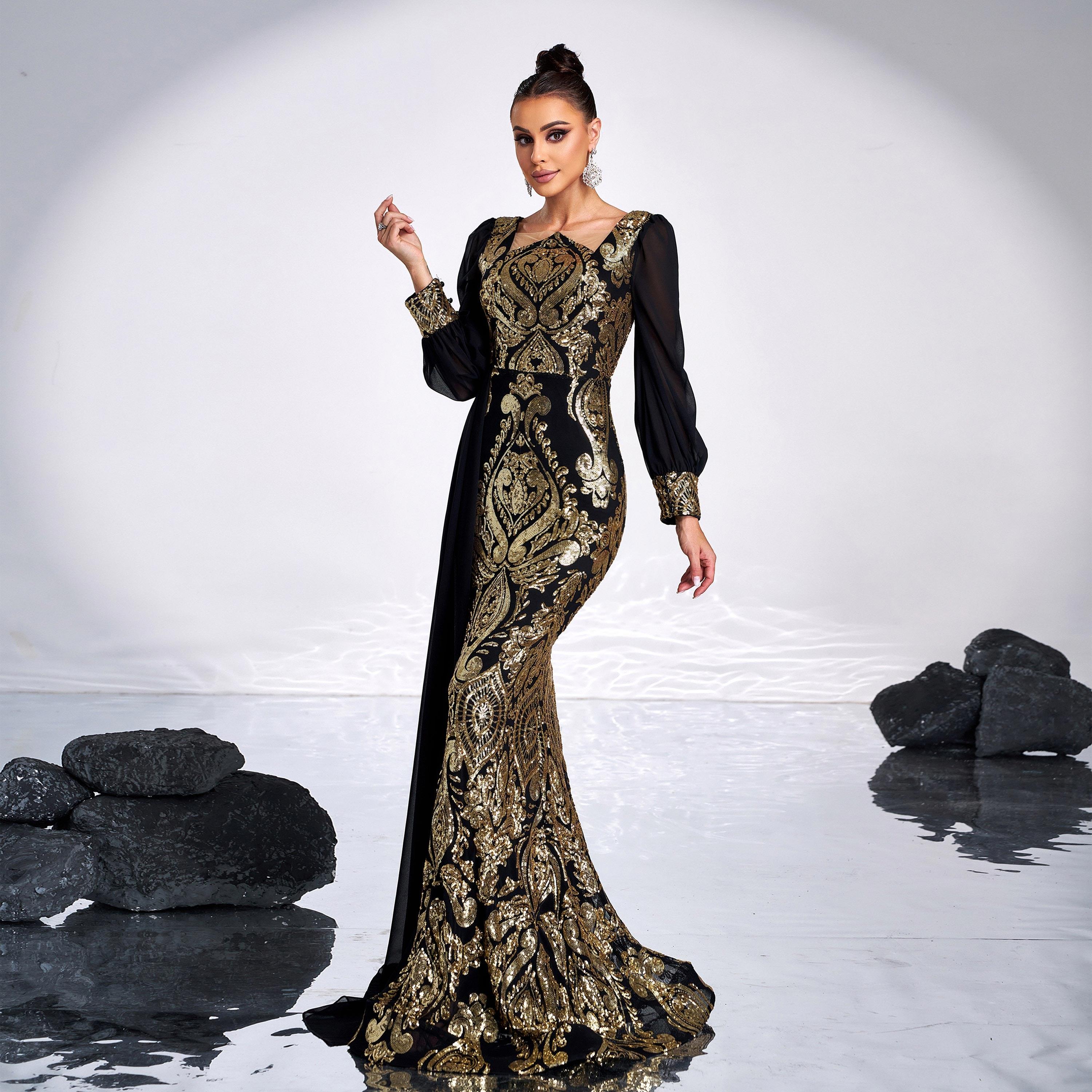 Luxurious Black & Gold Embroidered Gown