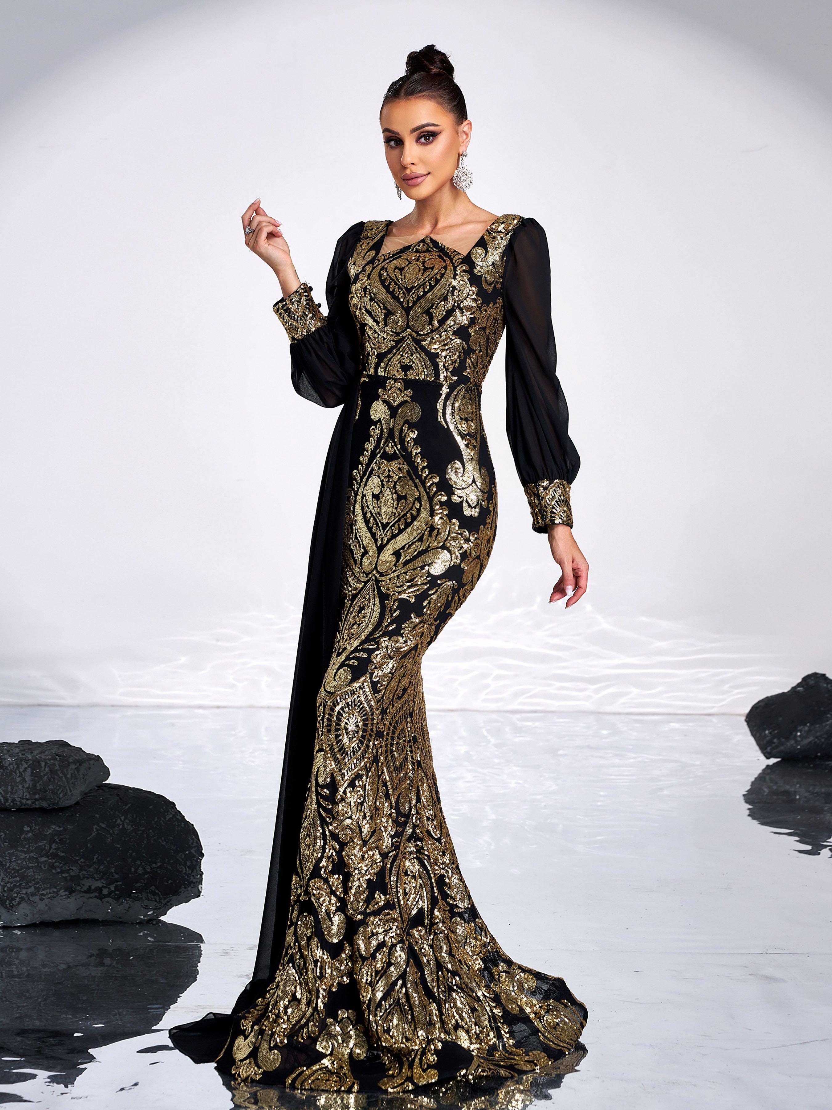 Luxurious Black & Gold Embroidered Gown
