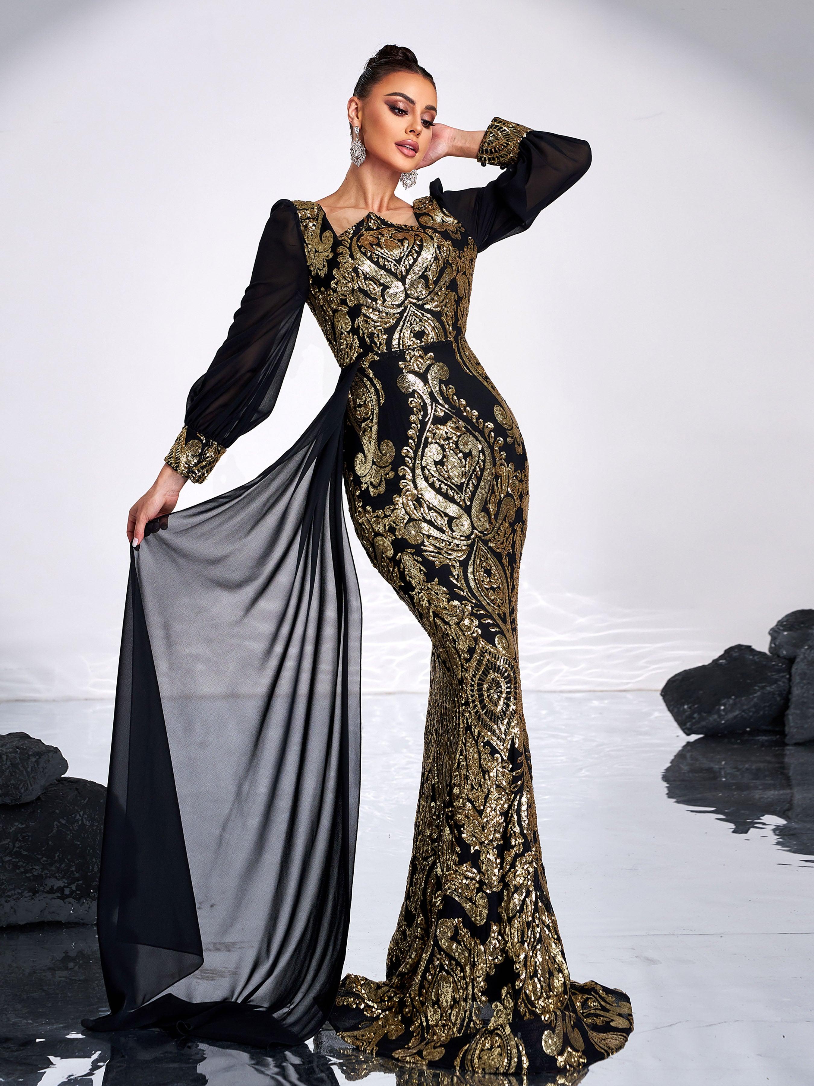 Luxurious Black & Gold Embroidered Gown