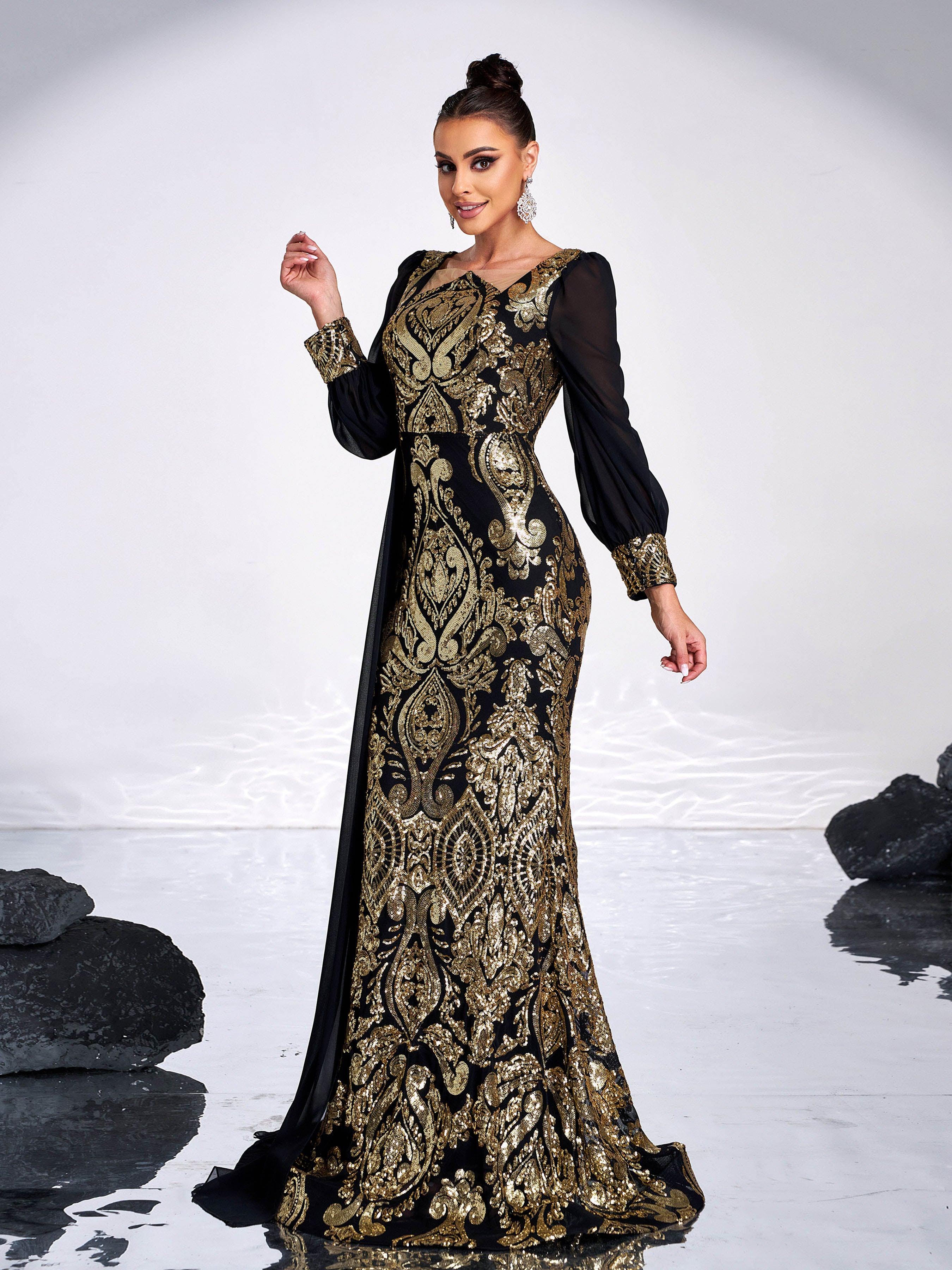 Luxurious Black & Gold Embroidered Gown