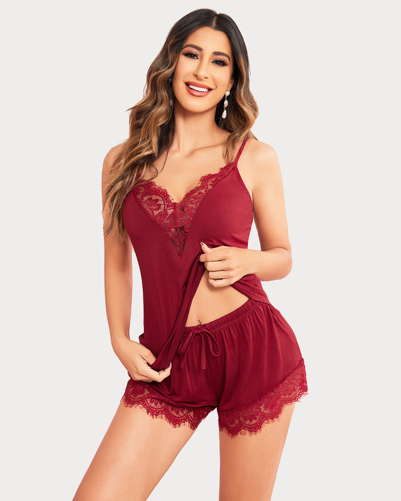 Pajama Set Lace Trim Short PJ Set