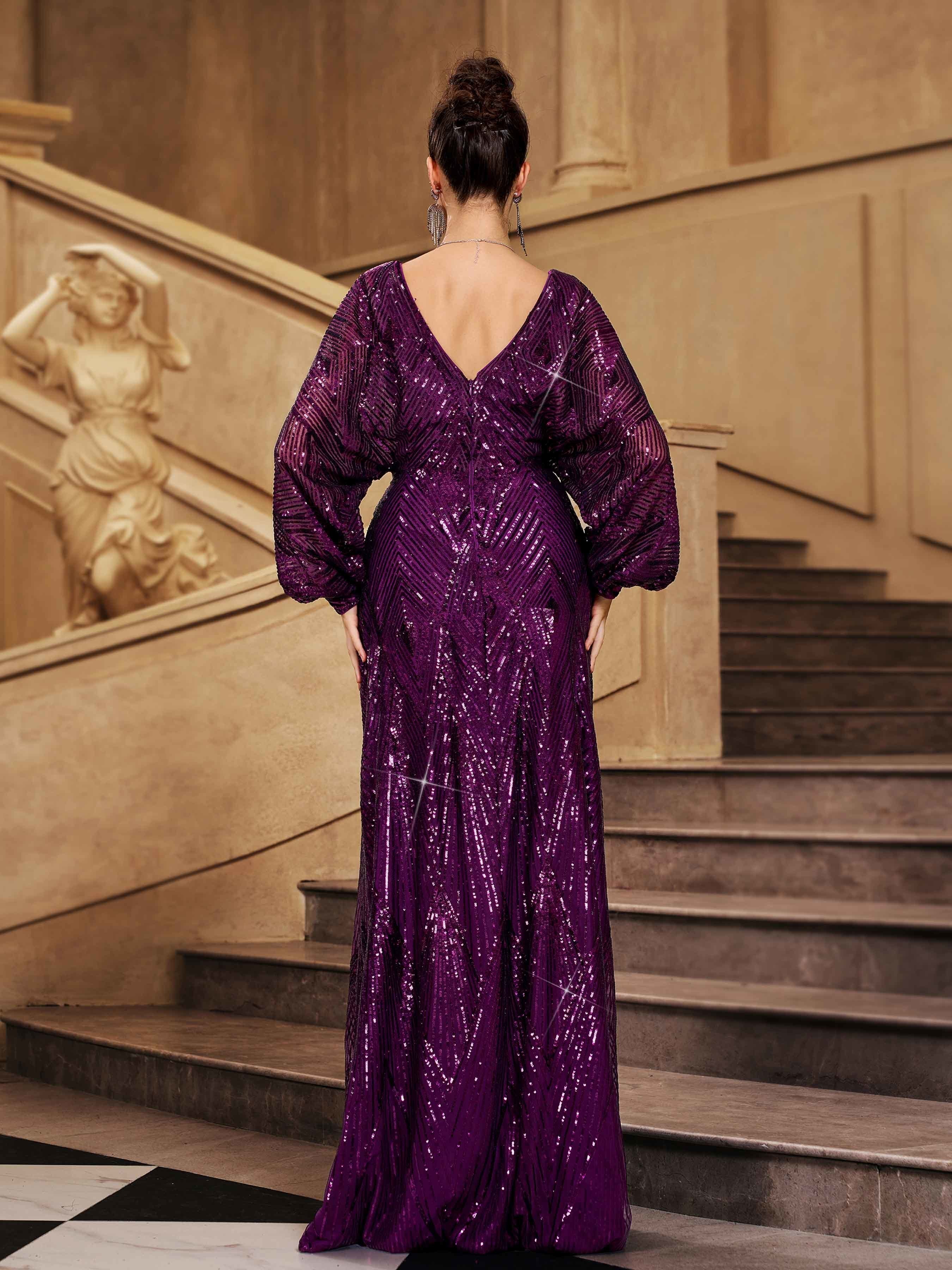 Purple Sequin Loose V-neck Prom Dress