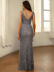 Double V Split Sequin Prom Dress