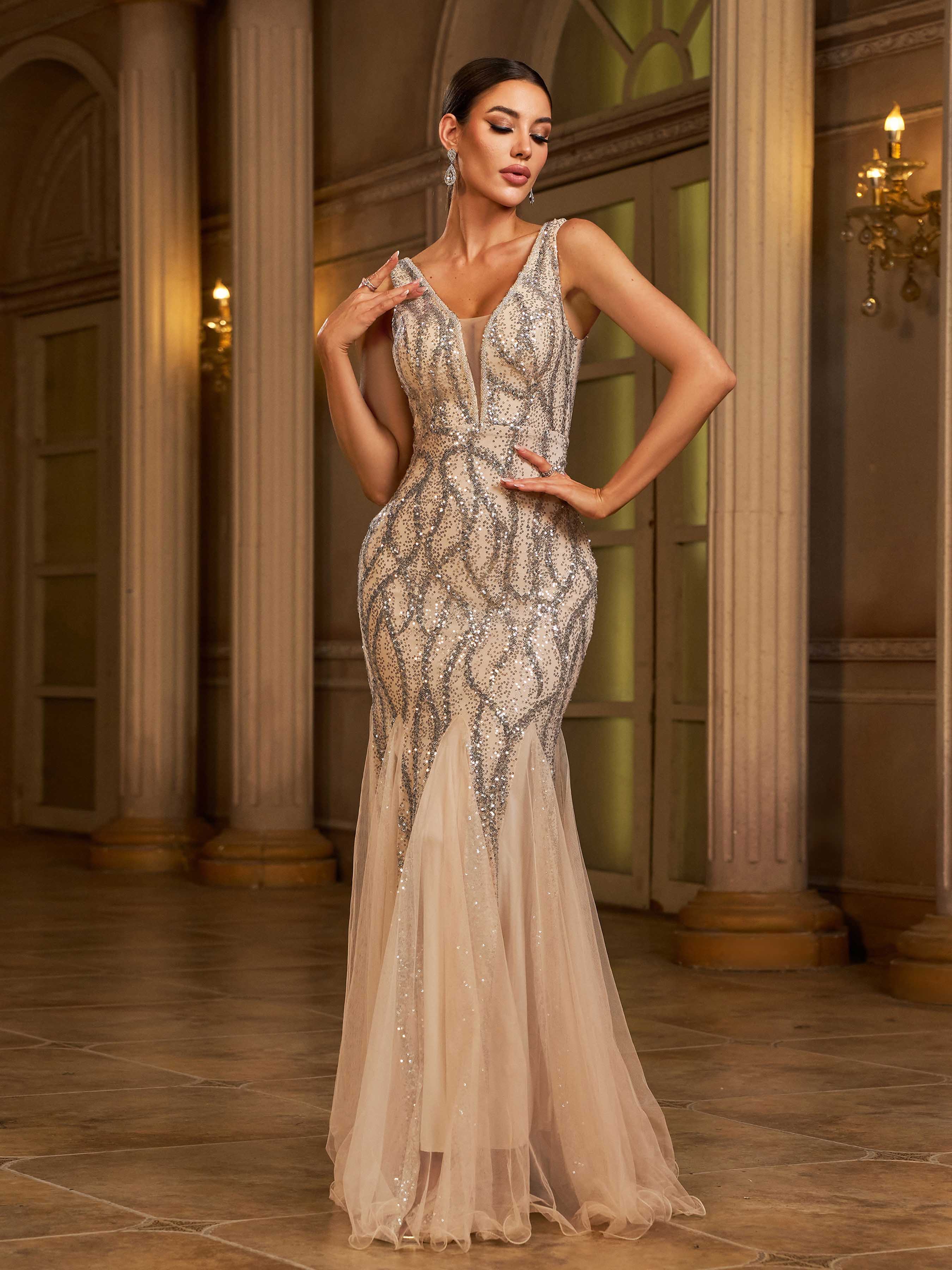 Apricot Sequin Mesh Sleeveless Prom Dress