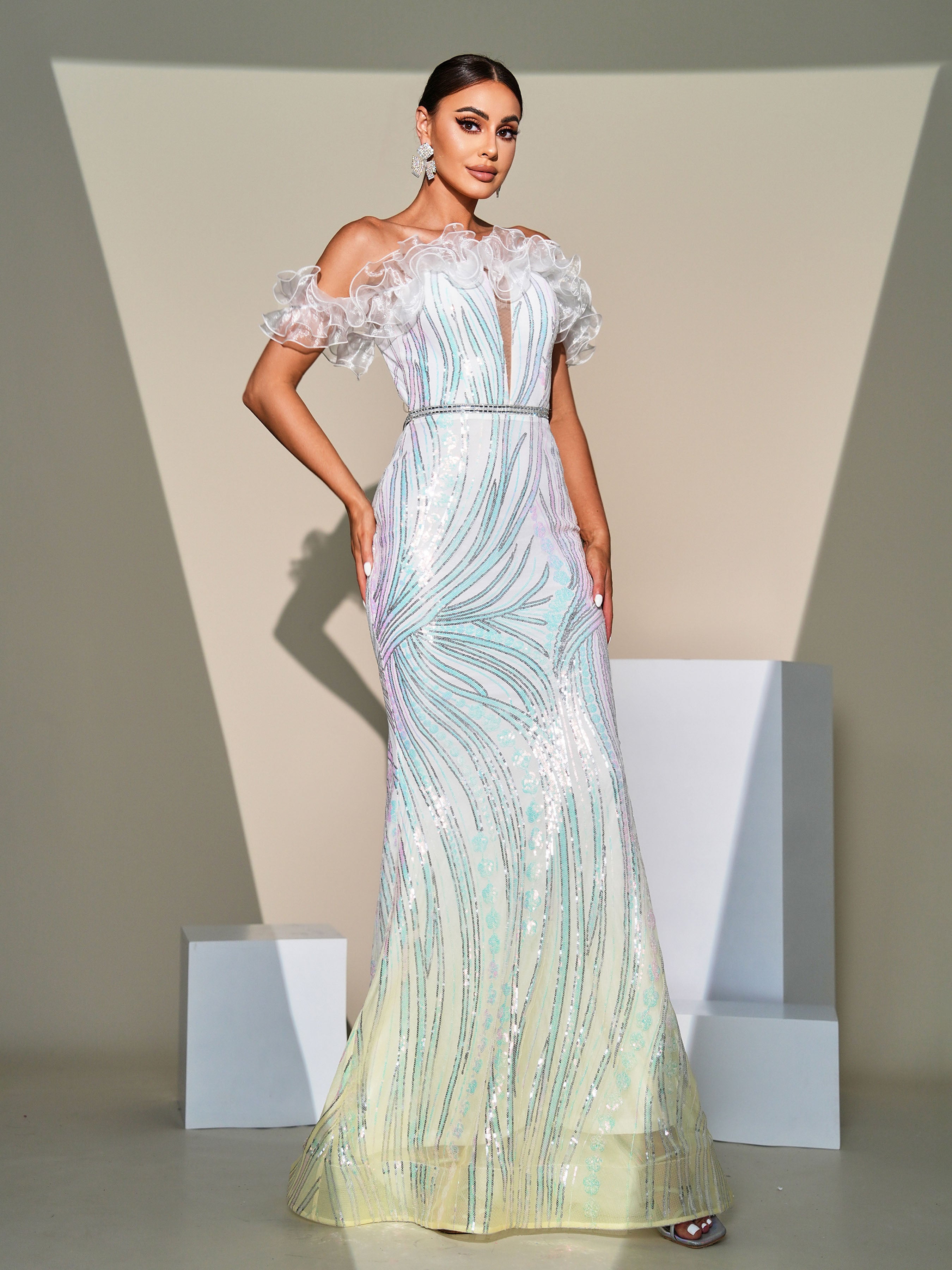 Off Shoulder Gradient Sequin Evening Dress