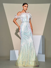 Off Shoulder Gradient Sequin Evening Dress