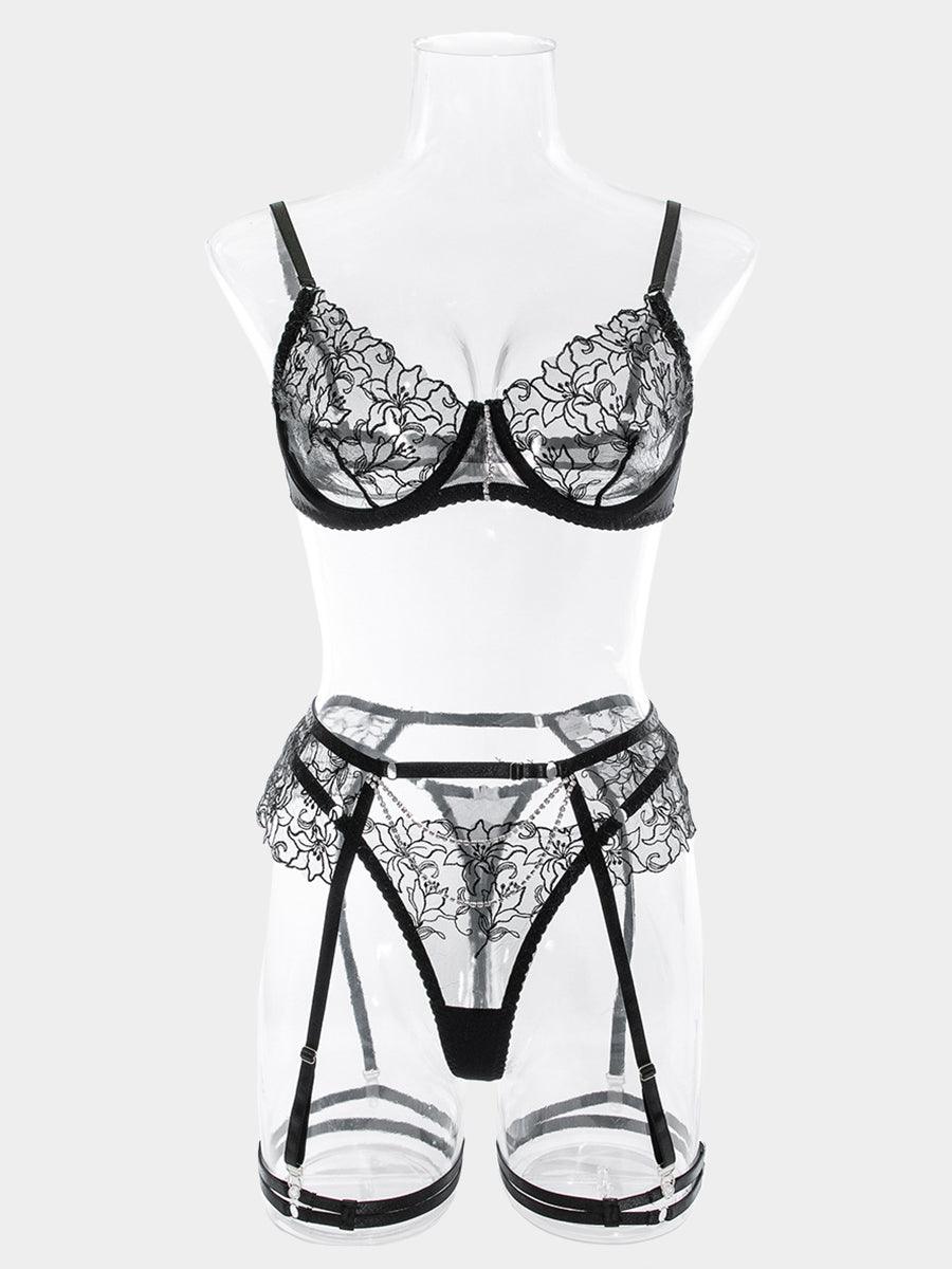 Embroidered Chain Lingerie Three-piece Set