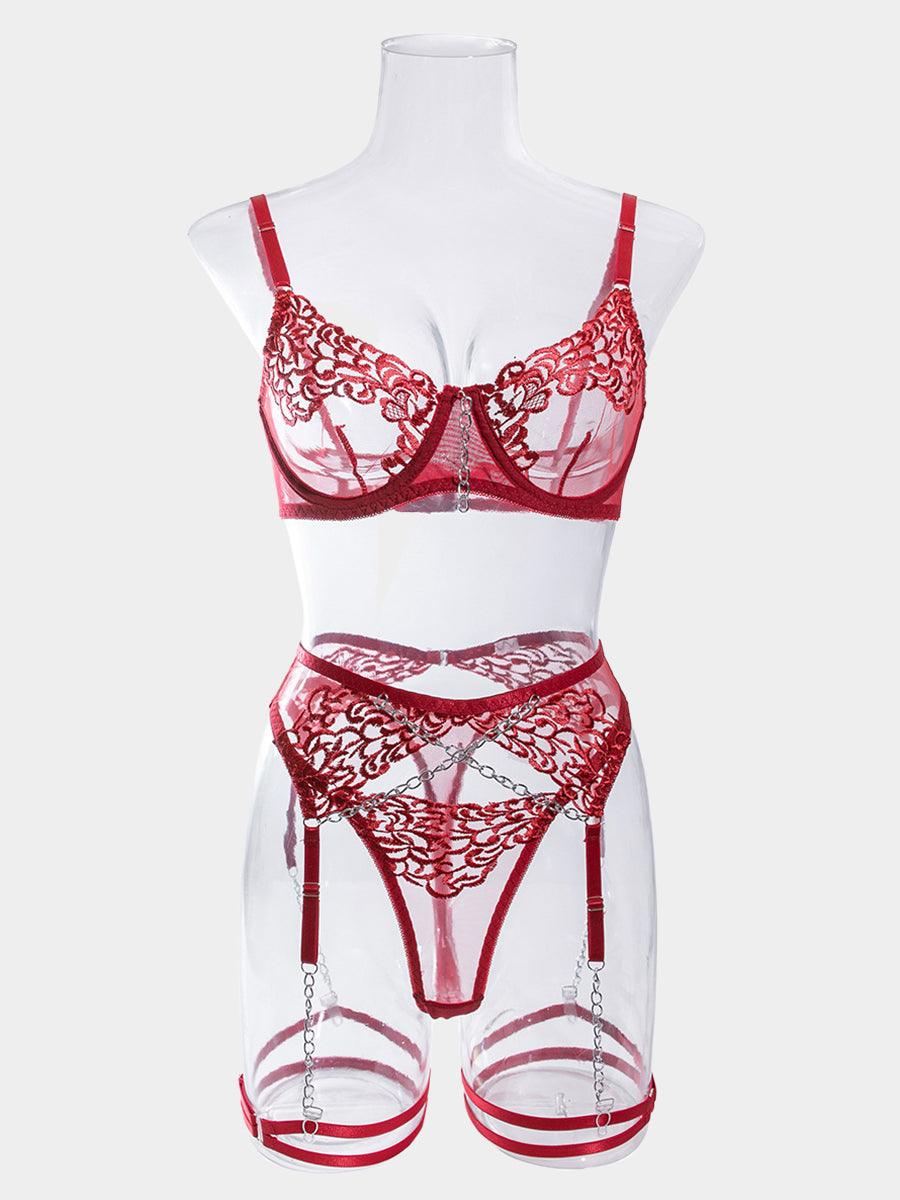 Metal Chain Embroidered Sexy Lingerie 4 Piece Set