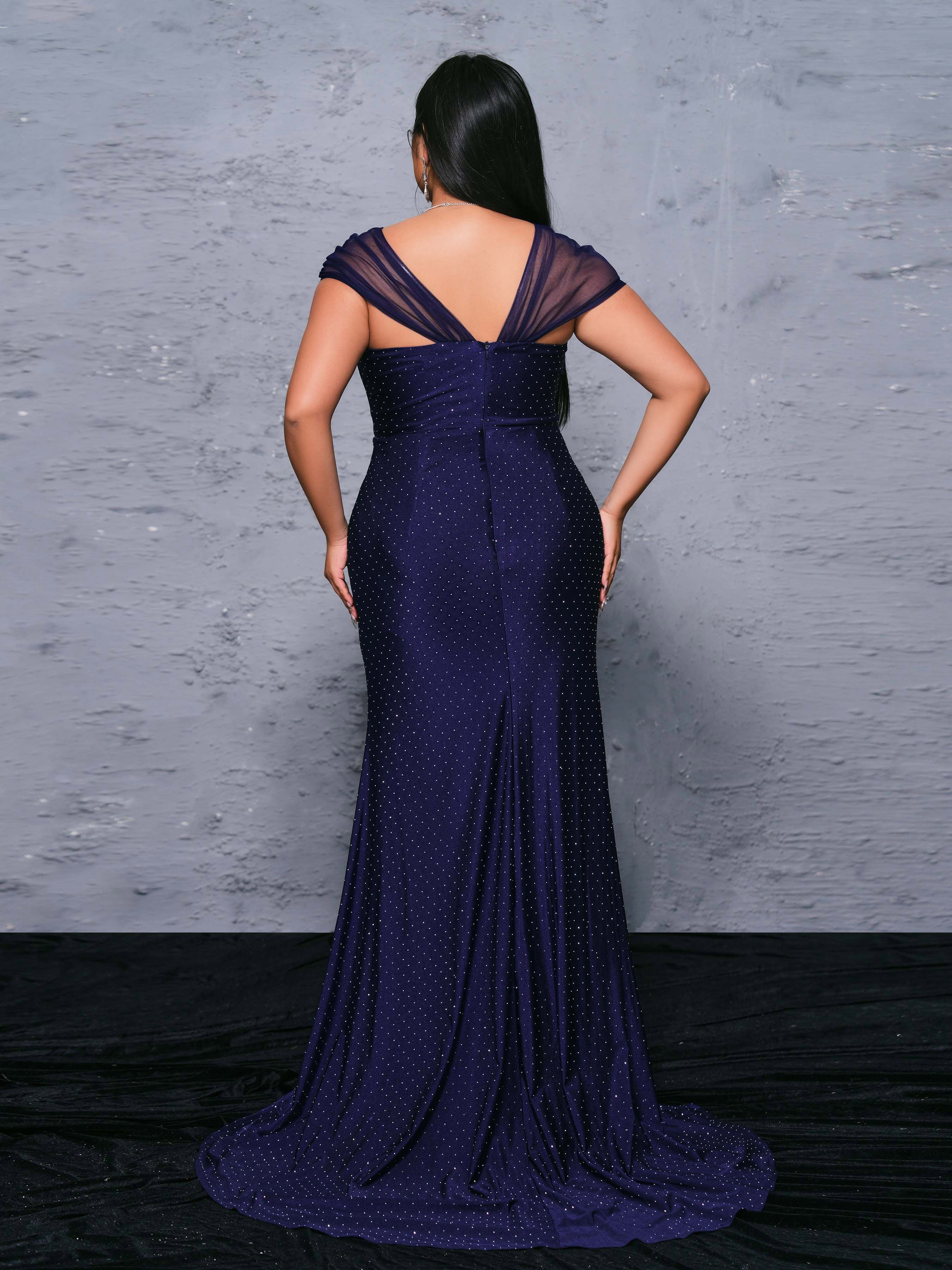 Plus Navy Polka Dots Mermaid Backless Prom Dress