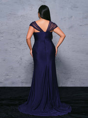 Plus Navy Polka Dots Mermaid Backless Prom Dress