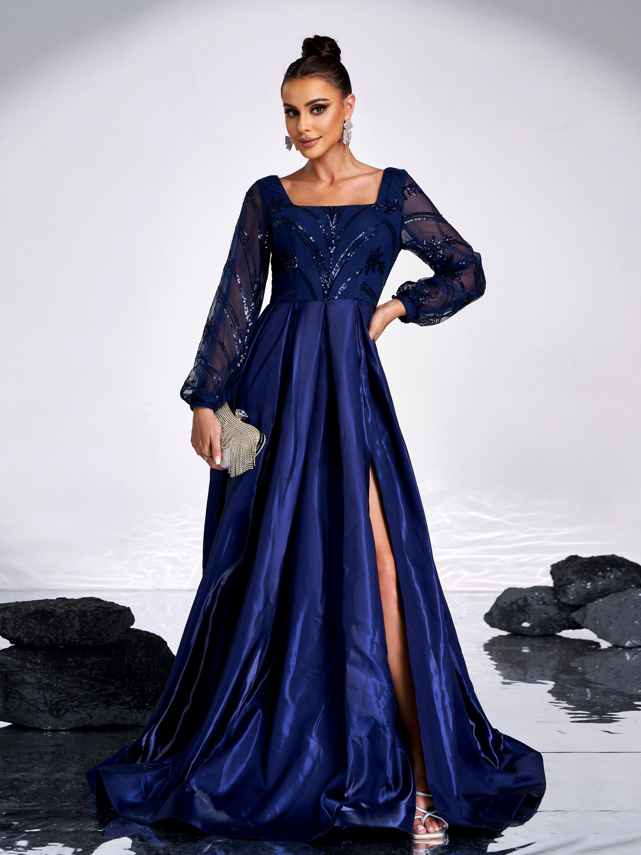 A-line Long Sleeve Blue Evening Dress