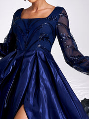 A-line Long Sleeve Blue Evening Dress