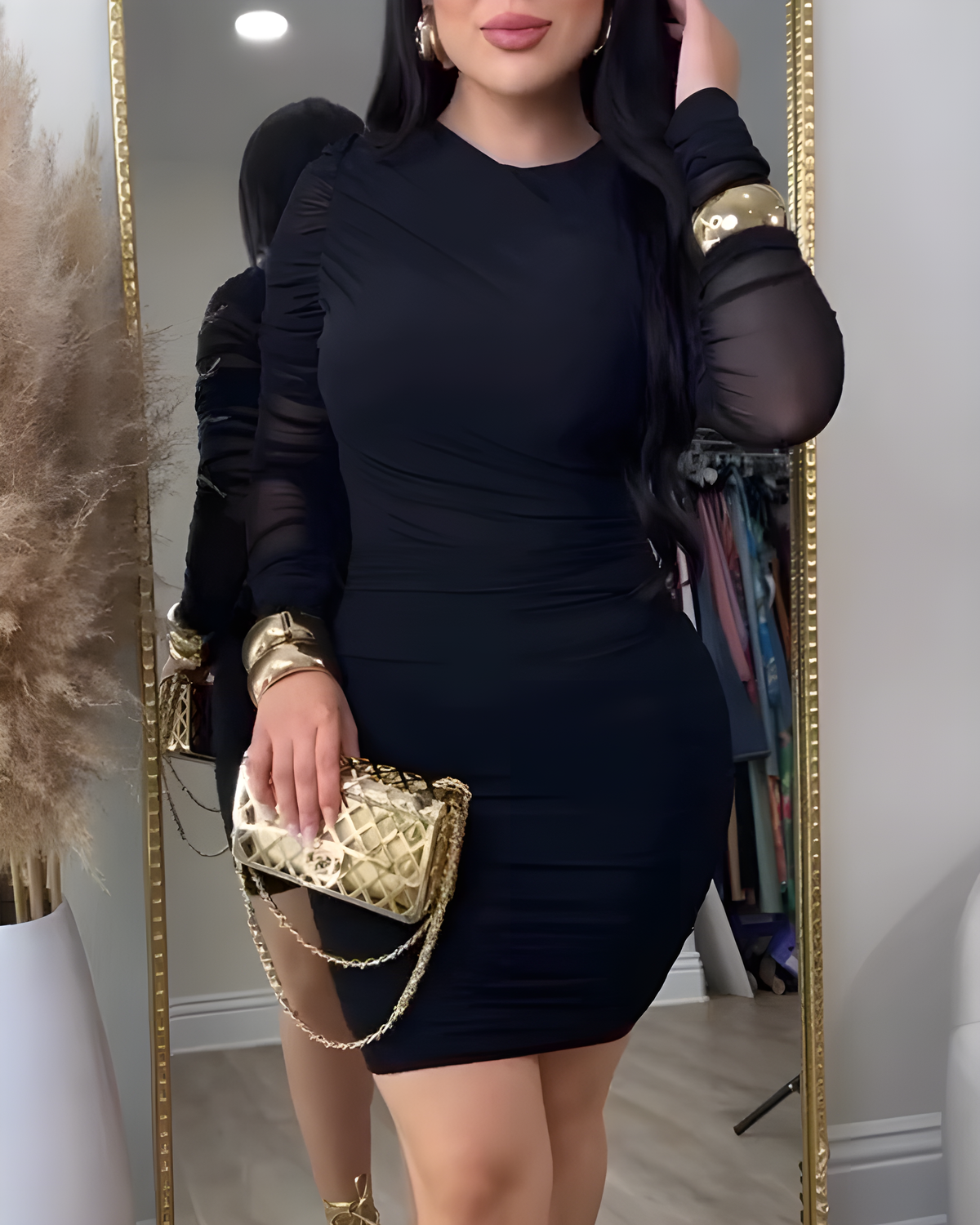 Mesh Long Sleeve Bodycon Mini Dress