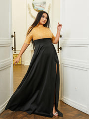 Plus Size Stand Collar Panel A-Line Split Prom Dress