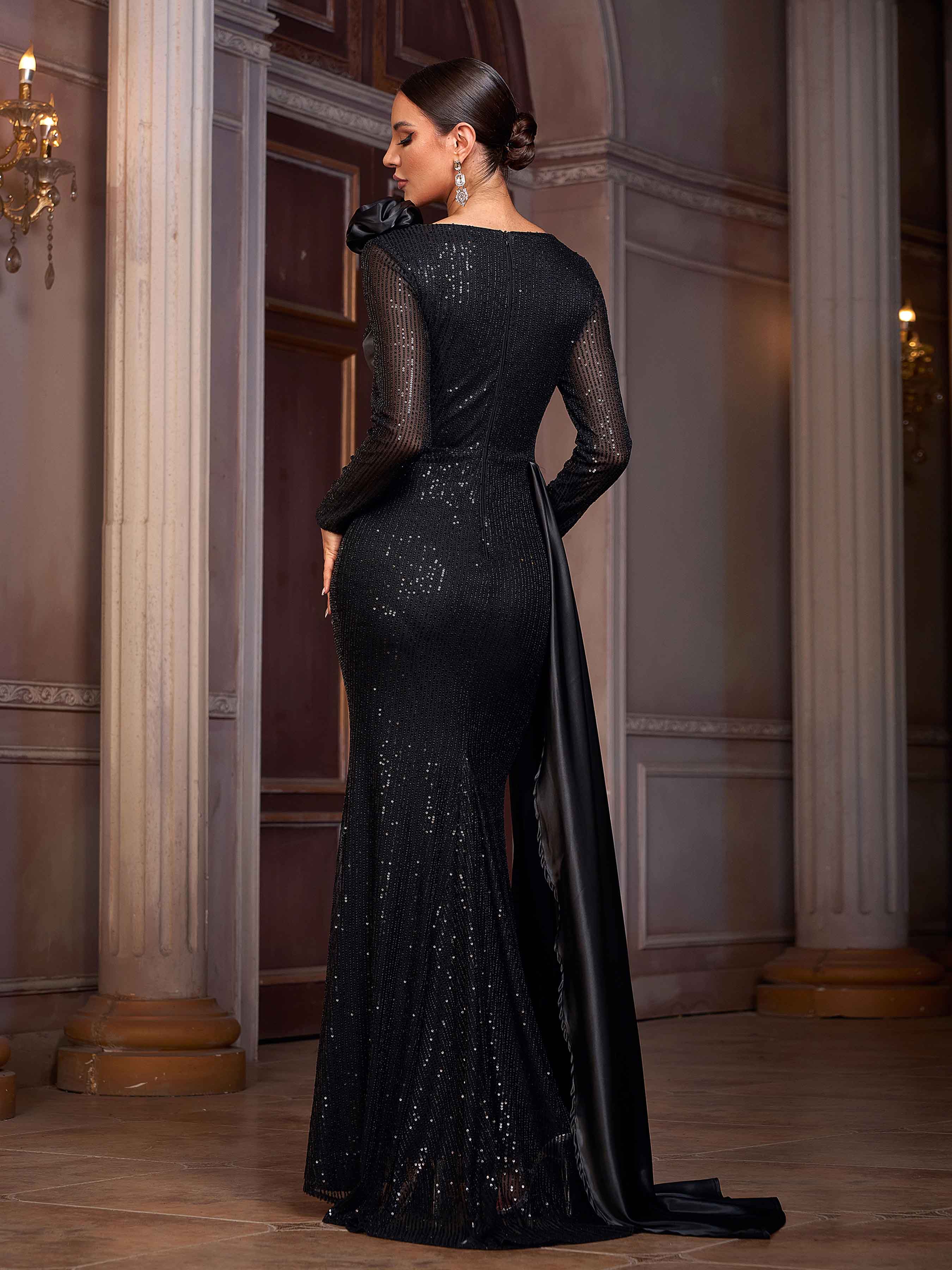 Black Floral Long Sleeve Draped Prom Dress