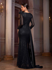 Black Floral Long Sleeve Draped Prom Dress