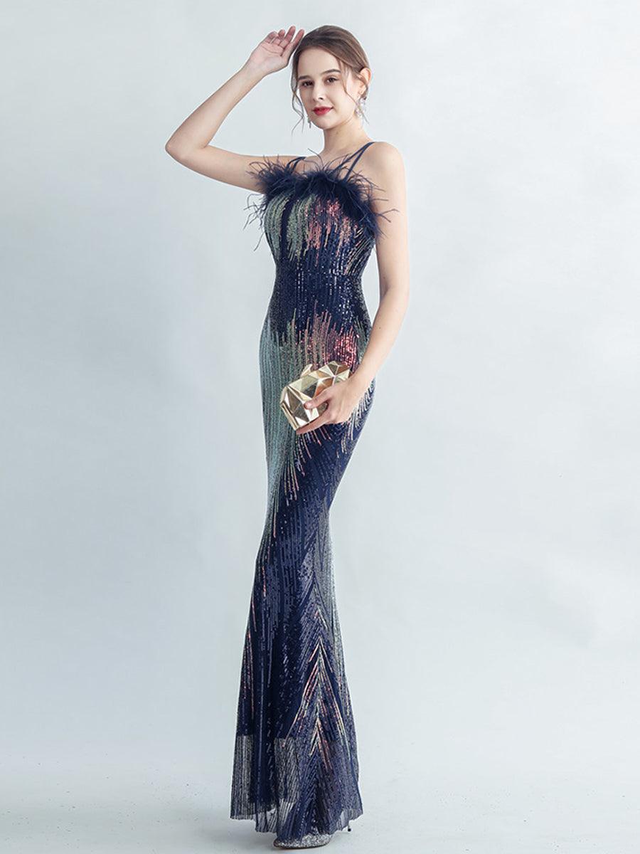 Spaghetti Straps Feather Gradient Sequin Dress
