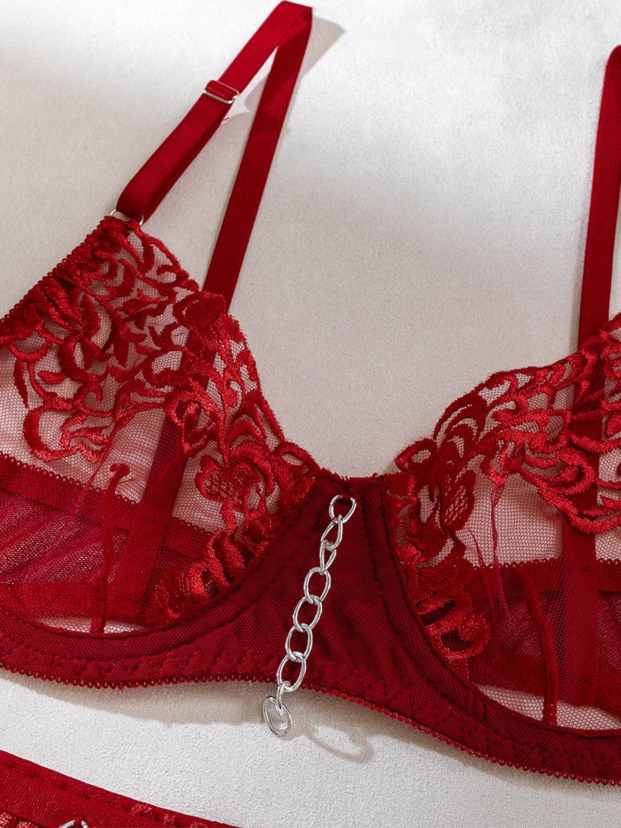 Metal Chain Embroidered Sexy Lingerie 4 Piece Set