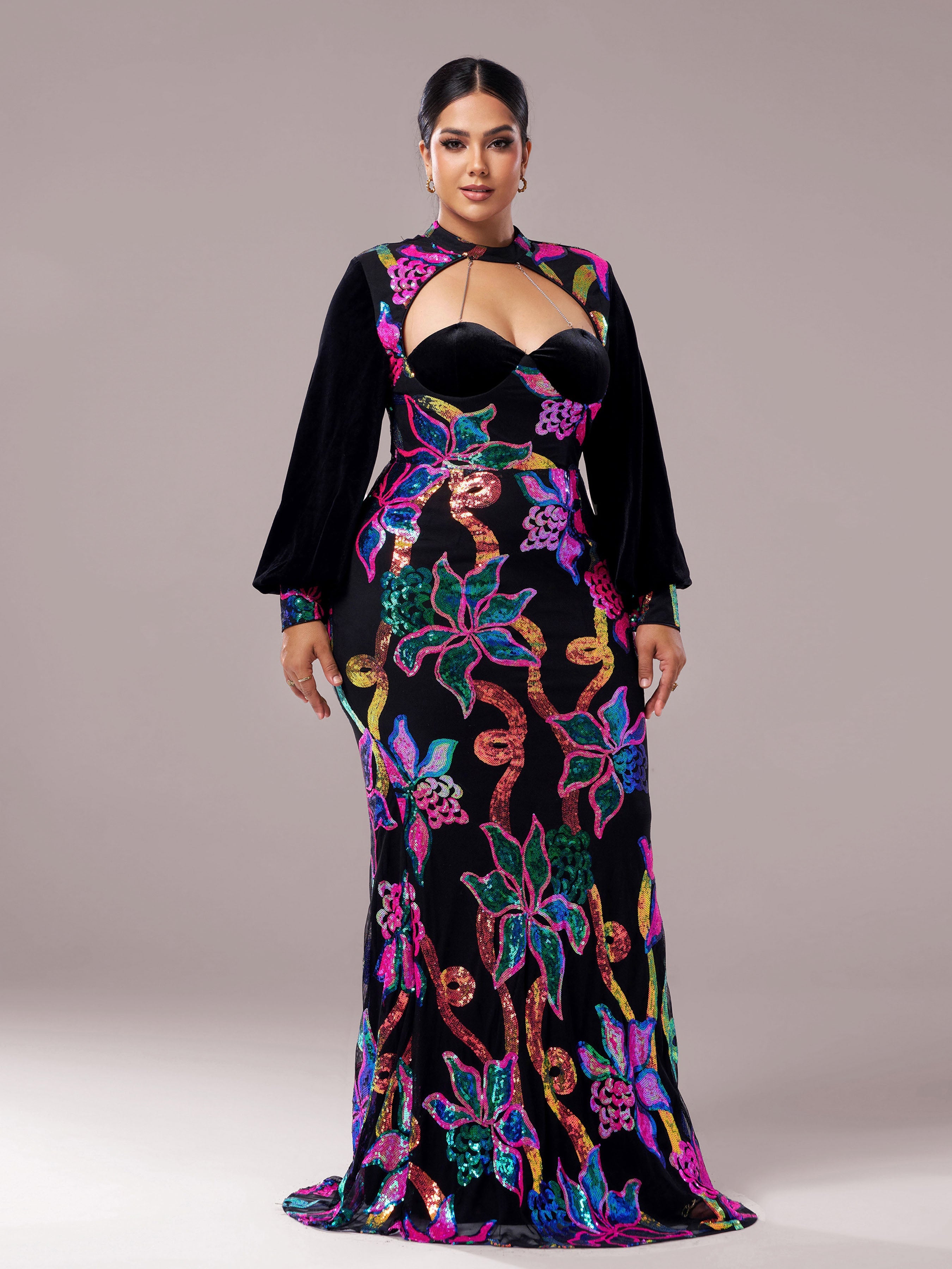 Plus Cutout Lantern Sleeve Mermaid Dress