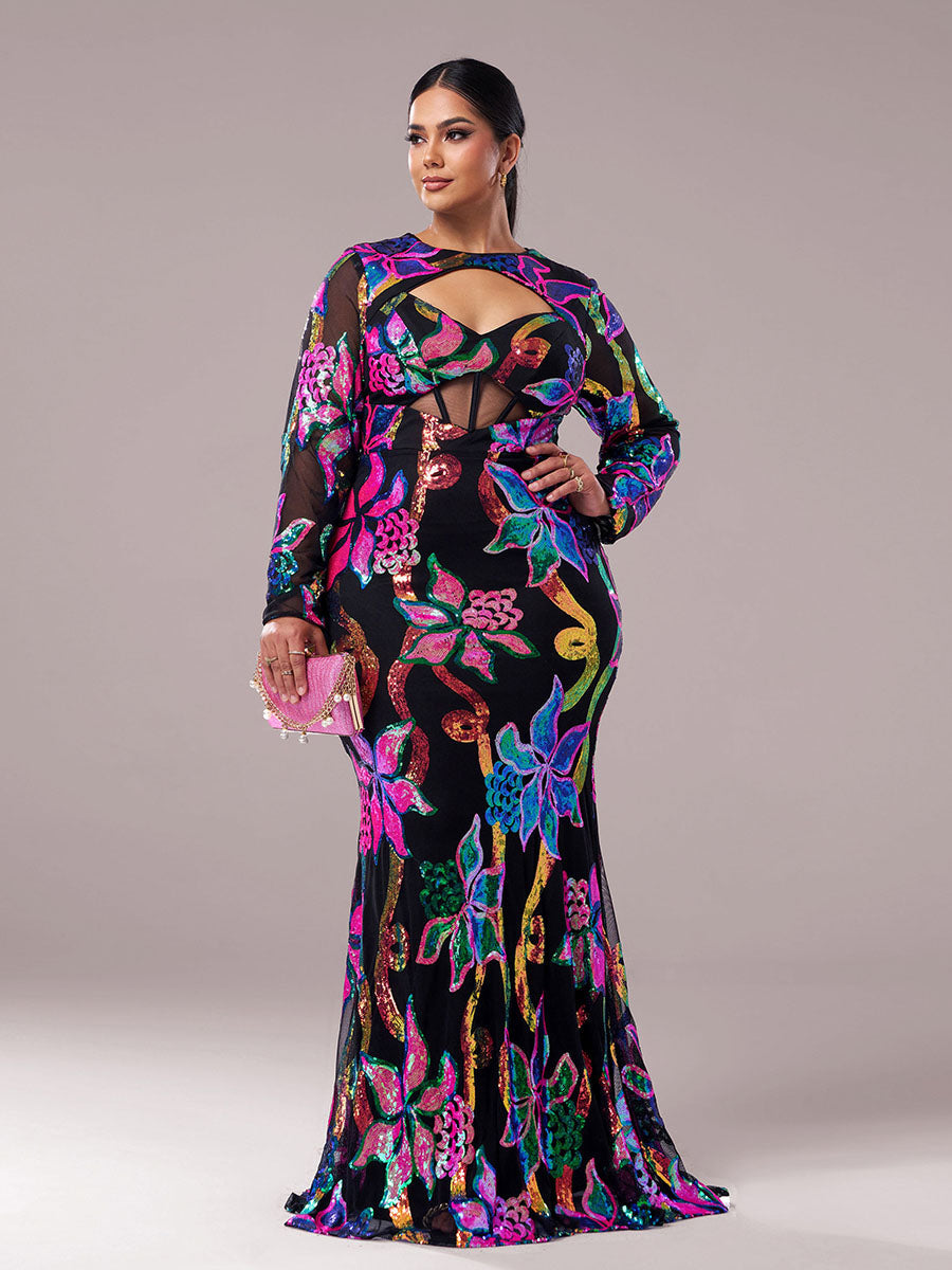 Long Sleeve Corset Cutout Floral Evening Dress
