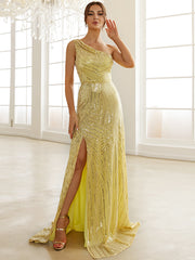 Yellow Sequin One Shoulder Prom Dress