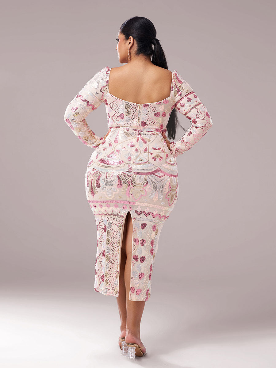 Plus Square Neck Sequin Split Midi Dress
