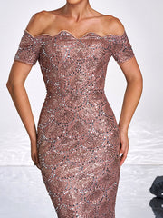Ruffle Neck Black Sequin Evening Dress