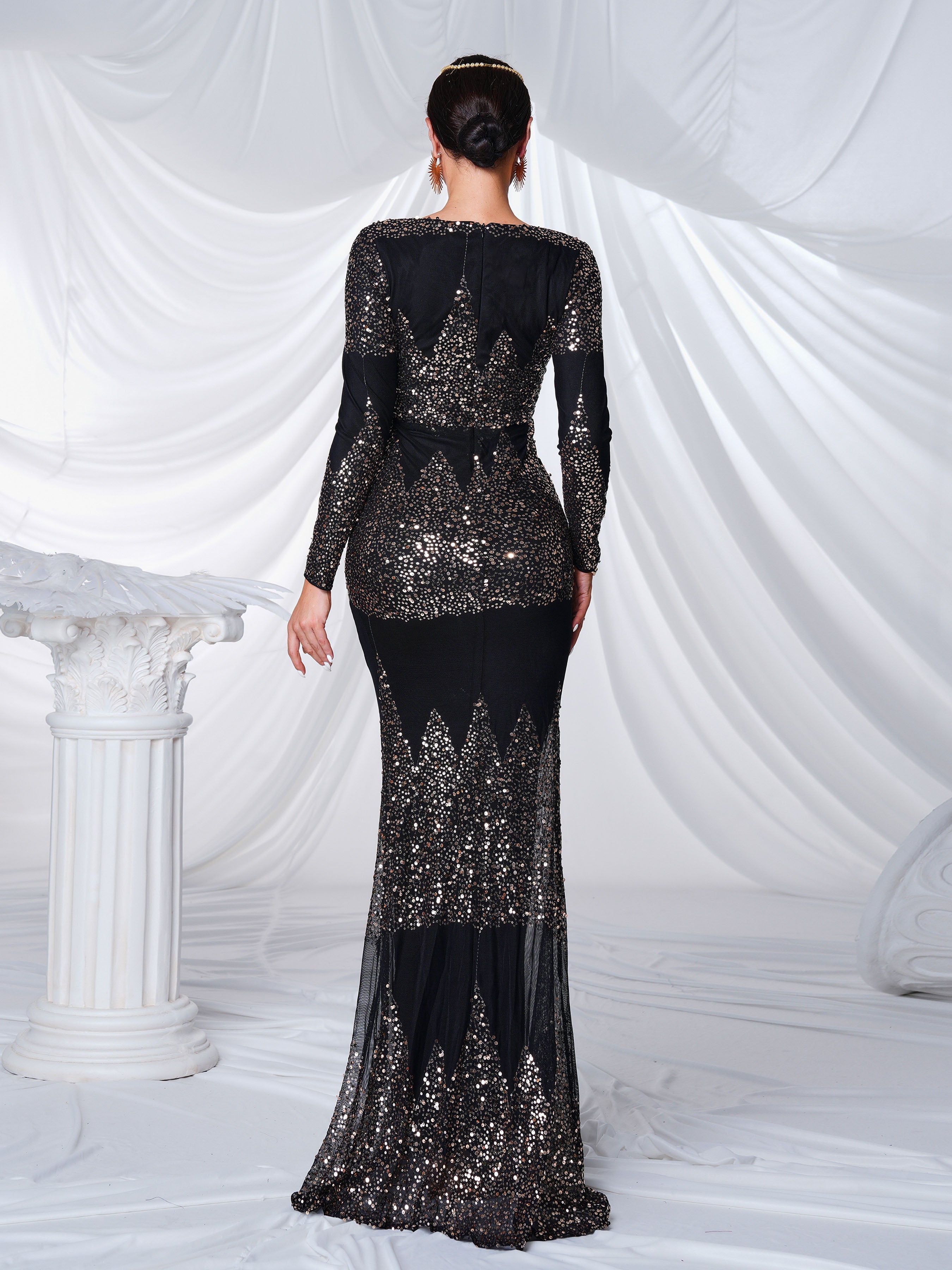 V-neck Long Sleeve Sequin Maxi Dress