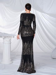 V-neck Long Sleeve Sequin Maxi Dress