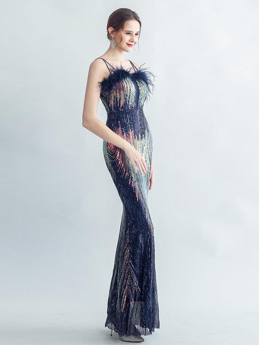 Spaghetti Straps Feather Gradient Sequin Dress