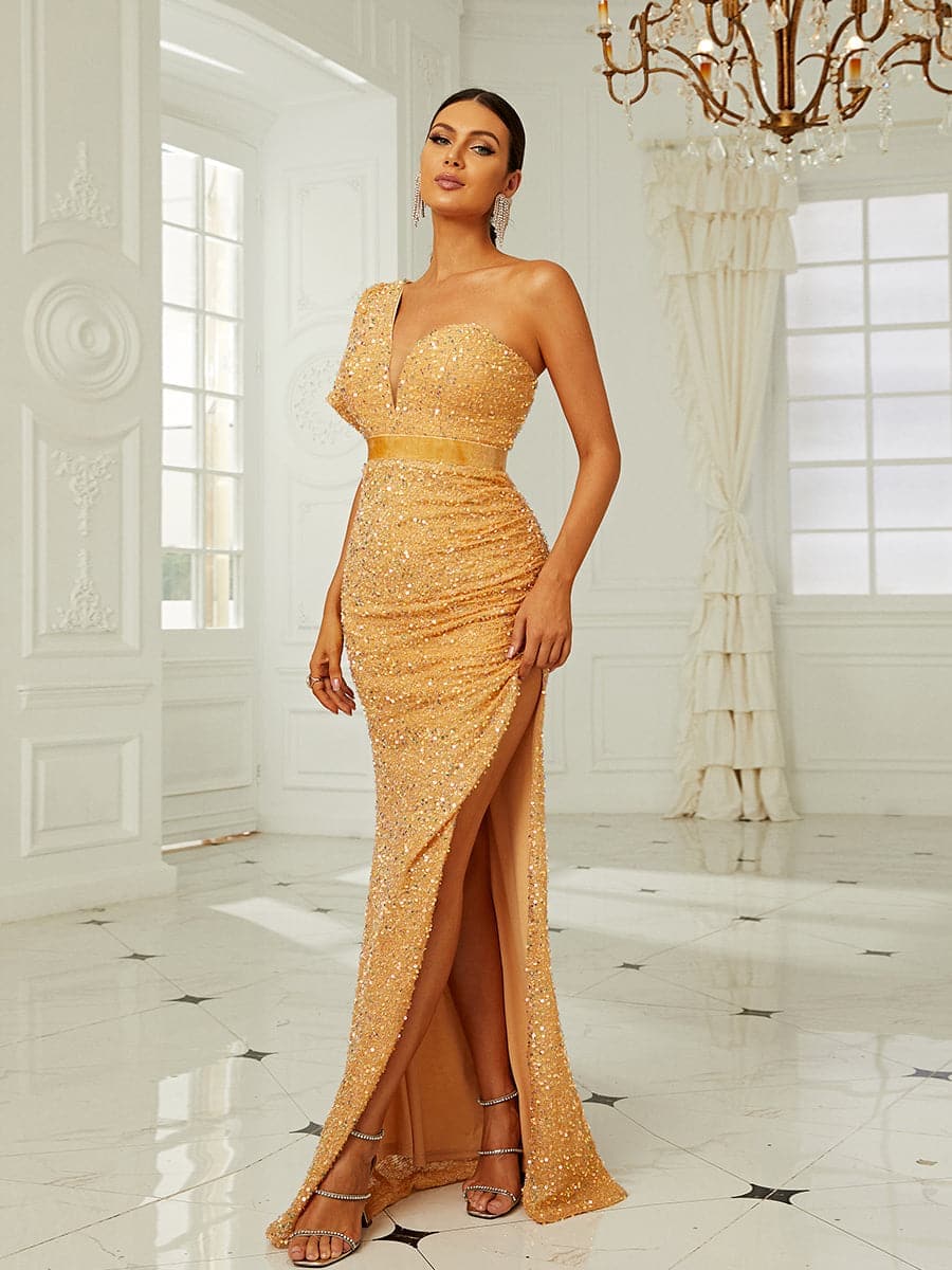 One Shoulder Mesh Panel Split Thigh Sequin Formal Dress