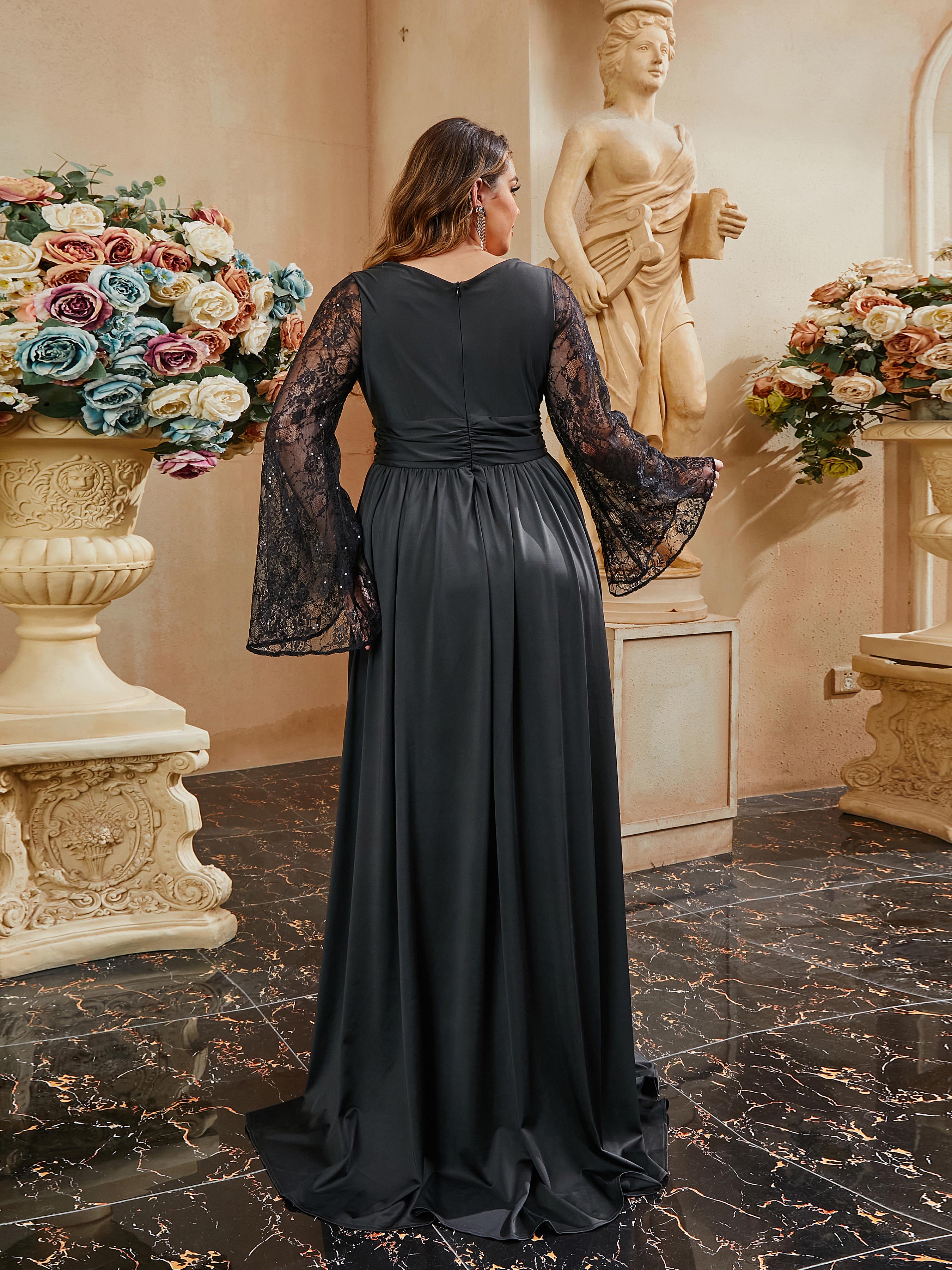 Plus Size Wrap Ruched Lace Sleeve Black Dress