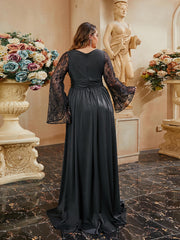 Plus Size Wrap Ruched Lace Sleeve Black Dress