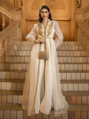 White A-line Tribal Embroidered Prom Dress