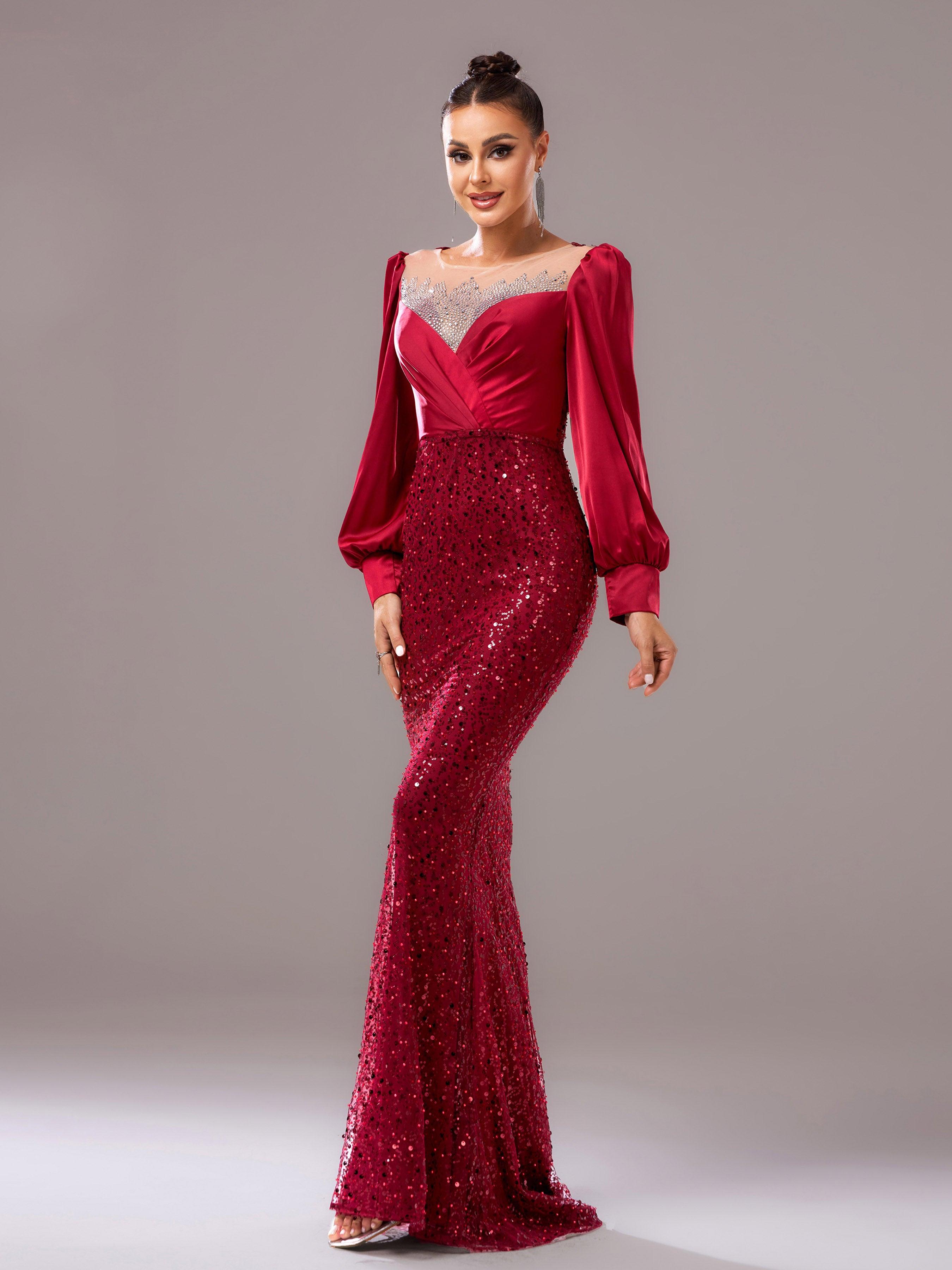 Red Panel Sequin Long Sleeve Mermaid Evening Dress