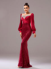 Red Panel Sequin Long Sleeve Mermaid Evening Dress