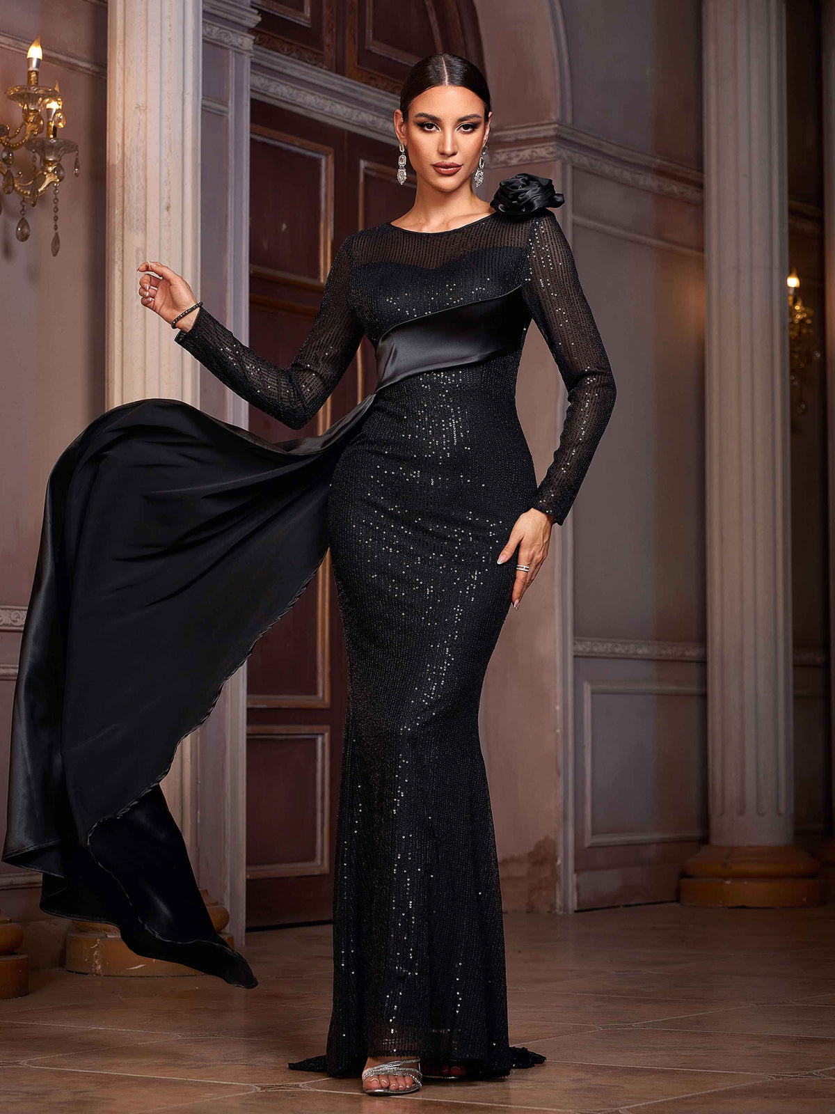 Black Floral Long Sleeve Draped Prom Dress