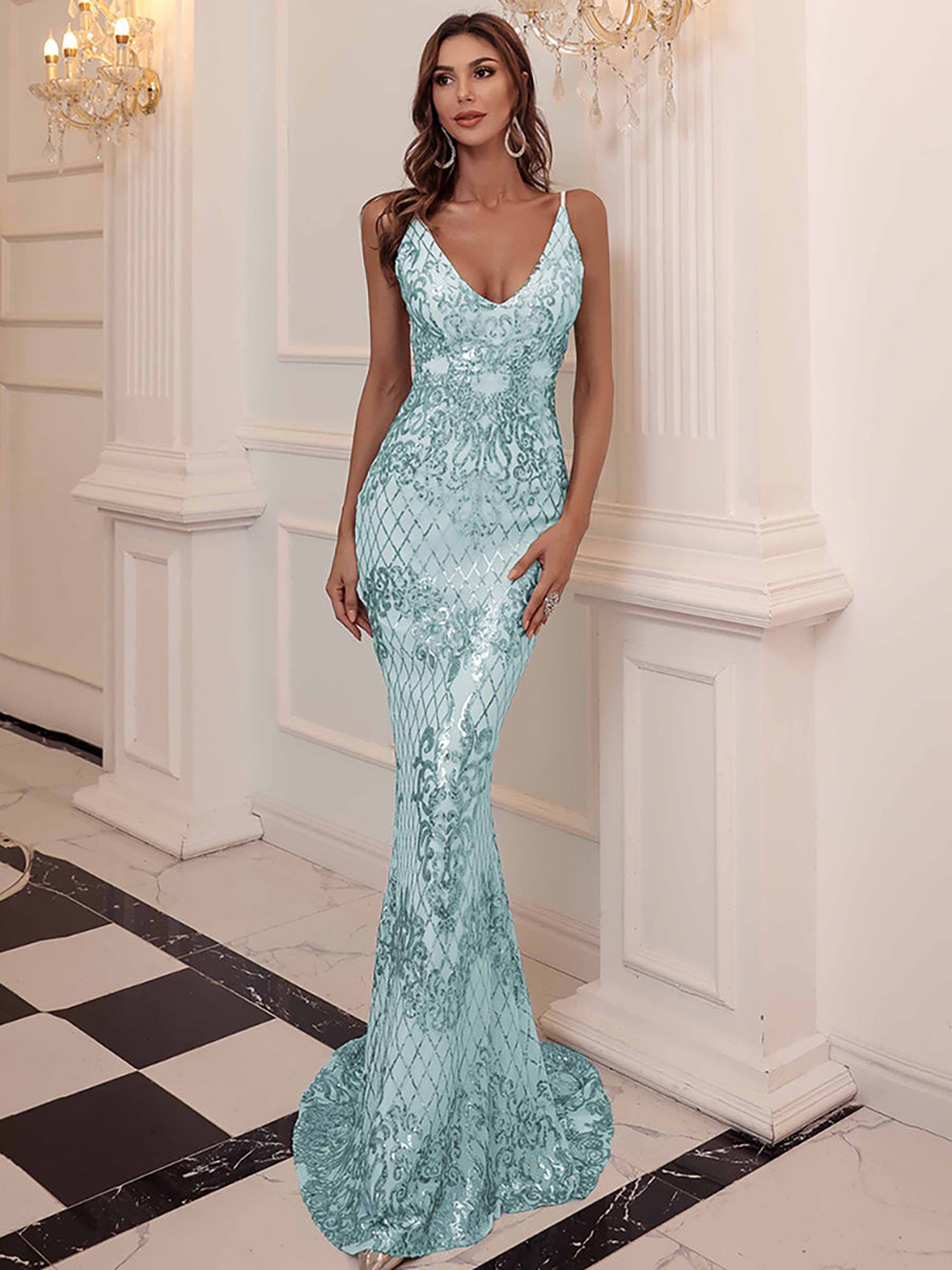 Champagne Sequin Backless Luxury Evening Dress