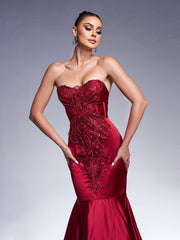 Red Strapless Embroidered Mermaid Evening Dress
