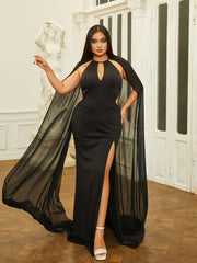 Plus Cutout Halter Split Black Prom Dress