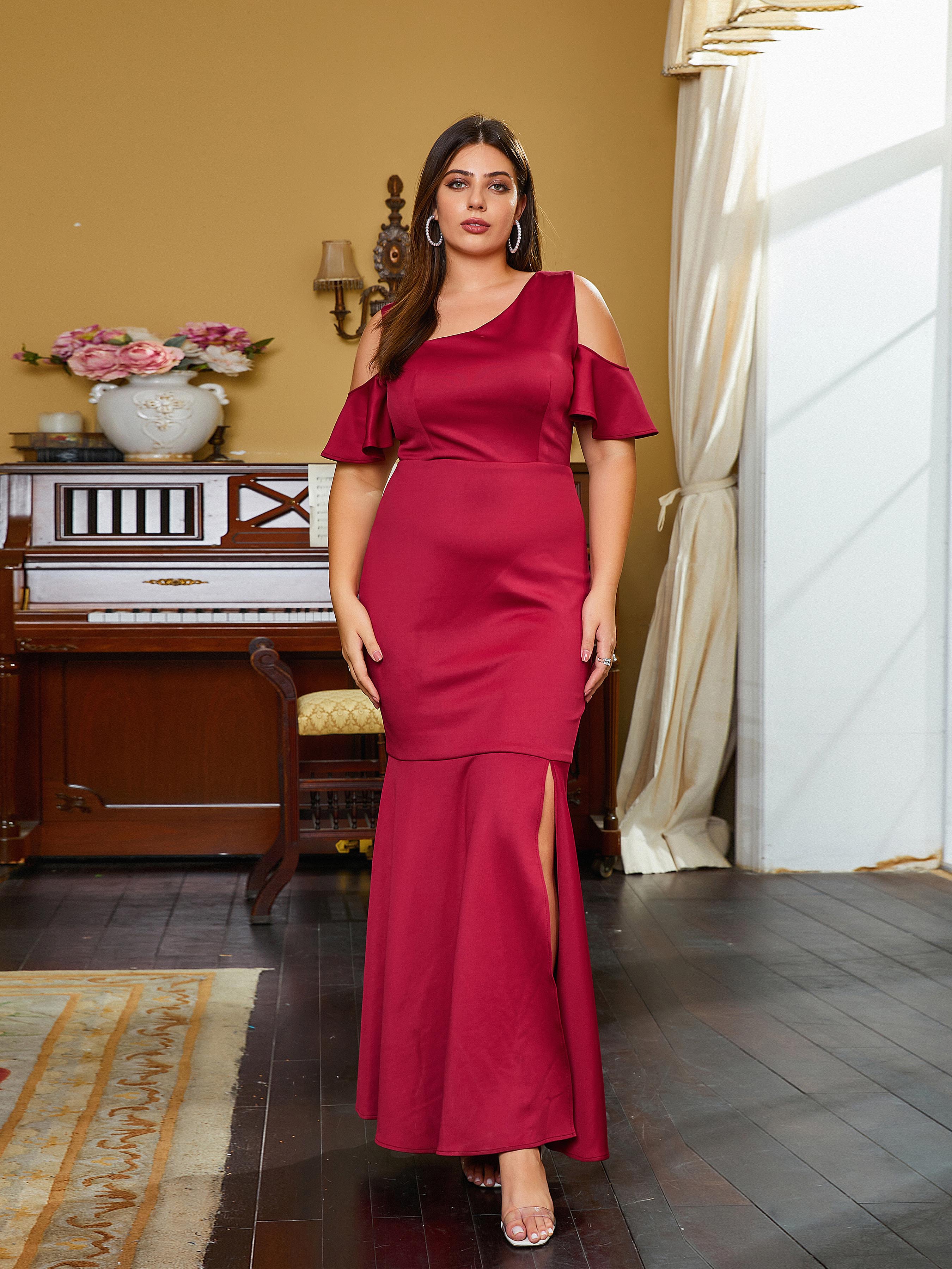Plus Size Cutout Ruffle Short Sleeve Prom Dress