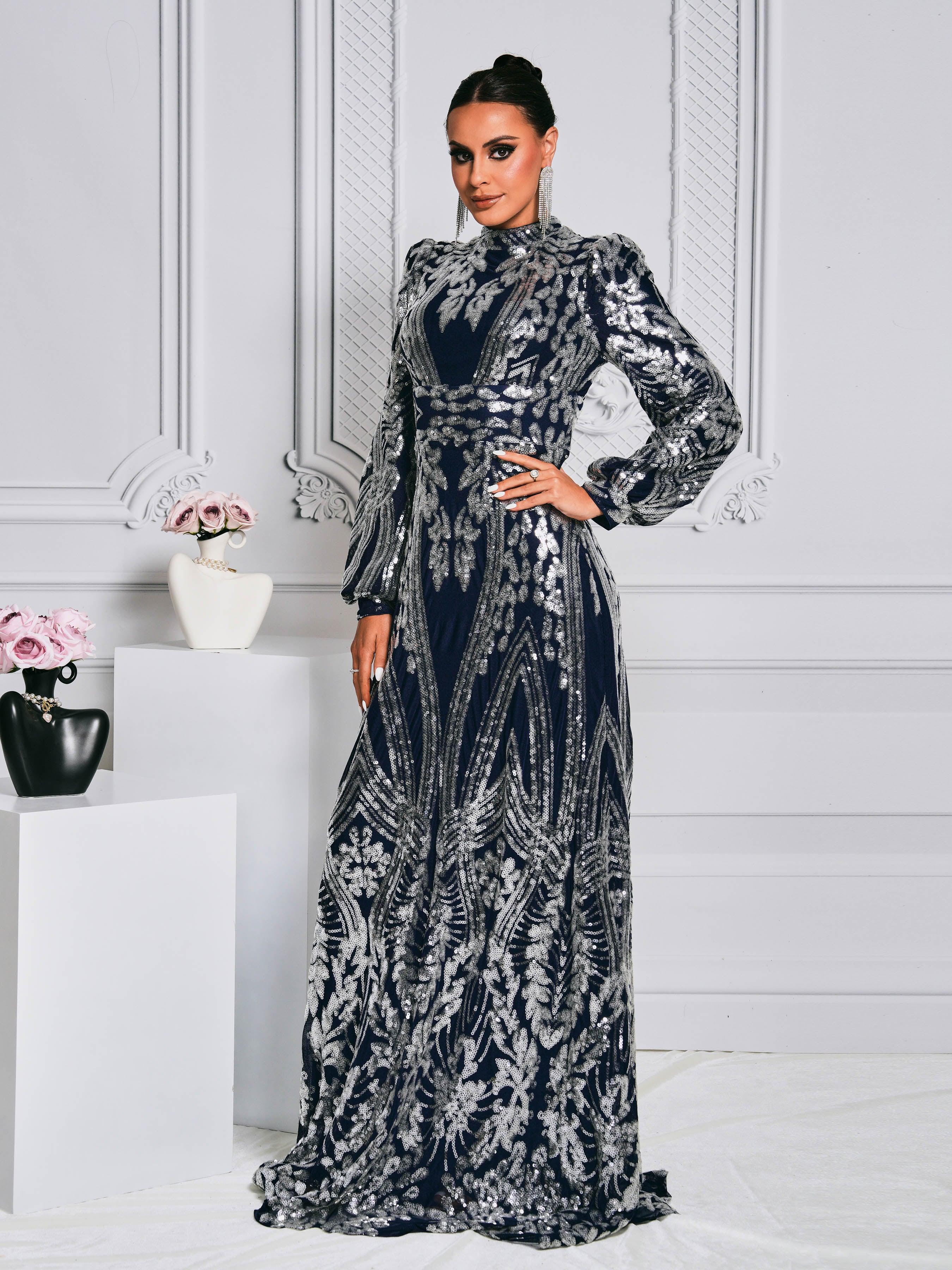Long Sleeve Sequin Traditional Dress