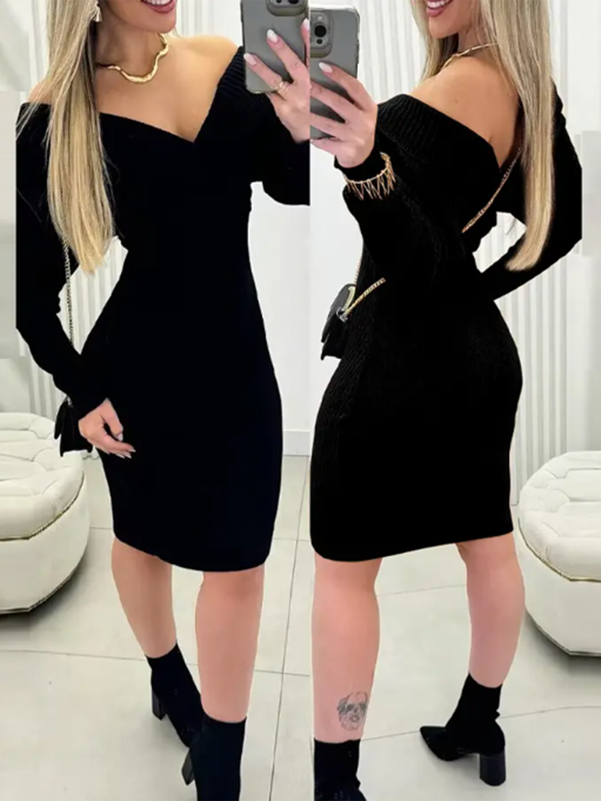 V Neck Off The Shoulder Long Sleeved Knitted Slim Fit Dress