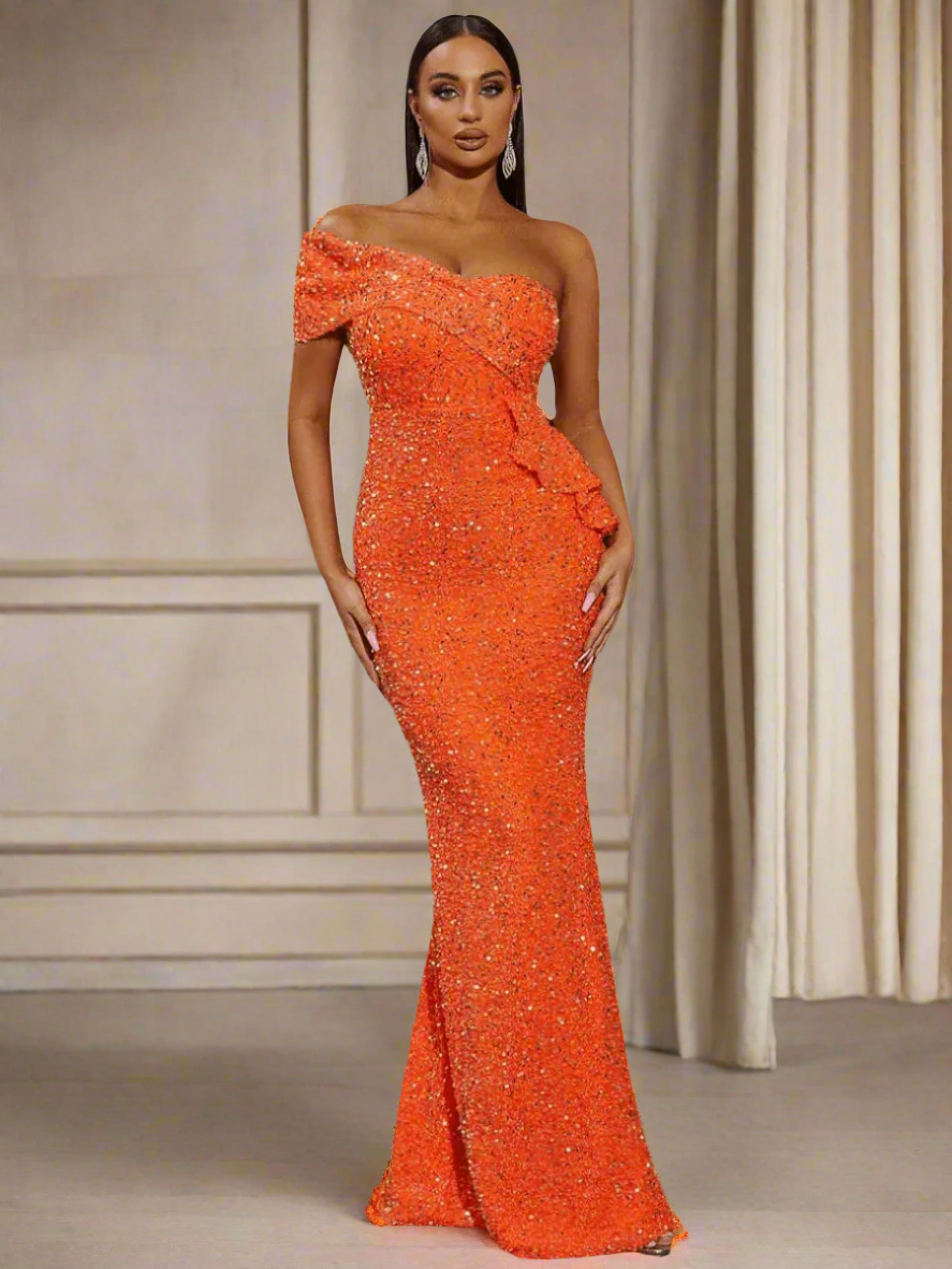 Ruffled Sequin One Shoulder Mermaid Dress