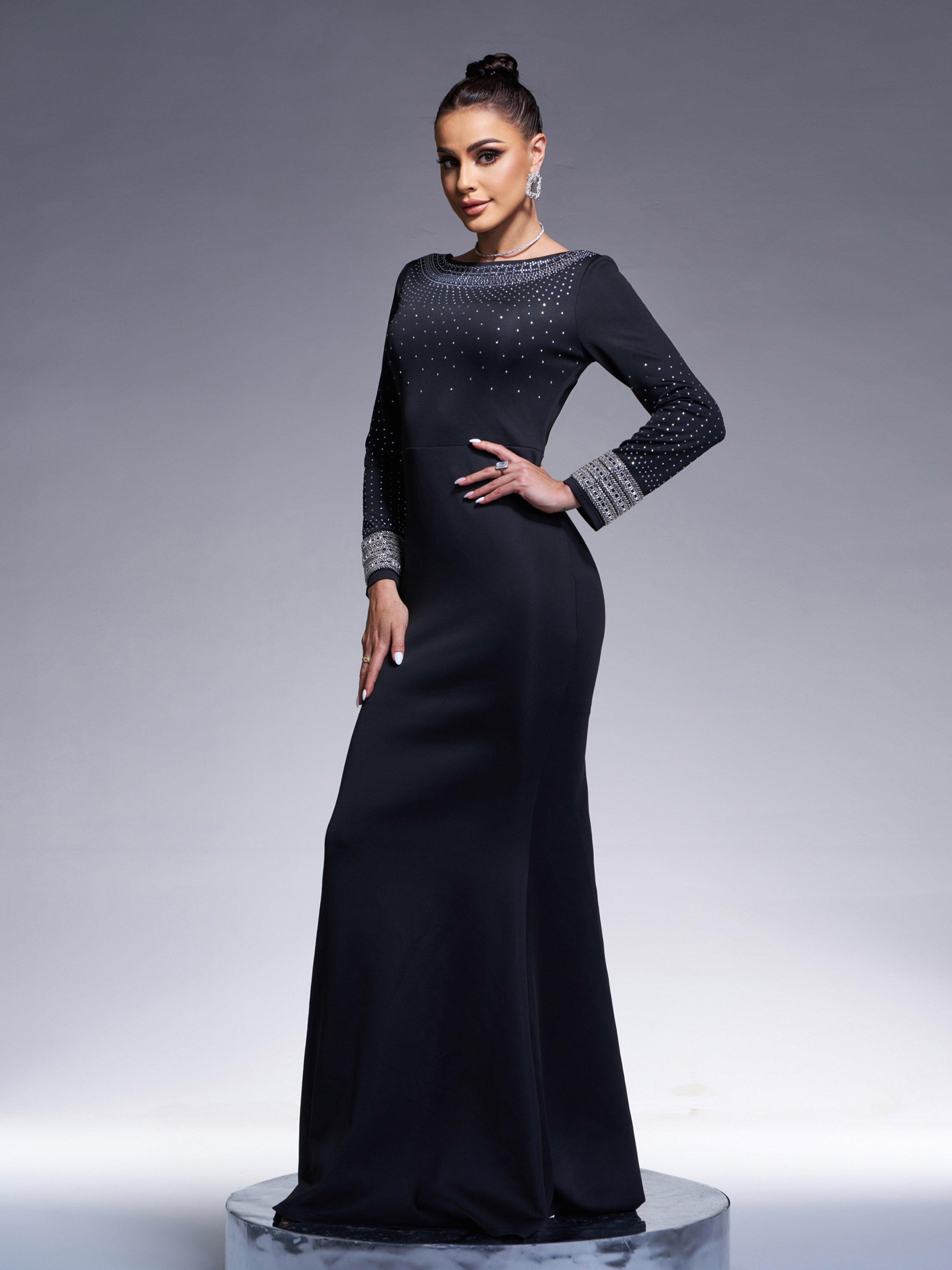 Elegant Black Long Sleeve Backless Prom Dress
