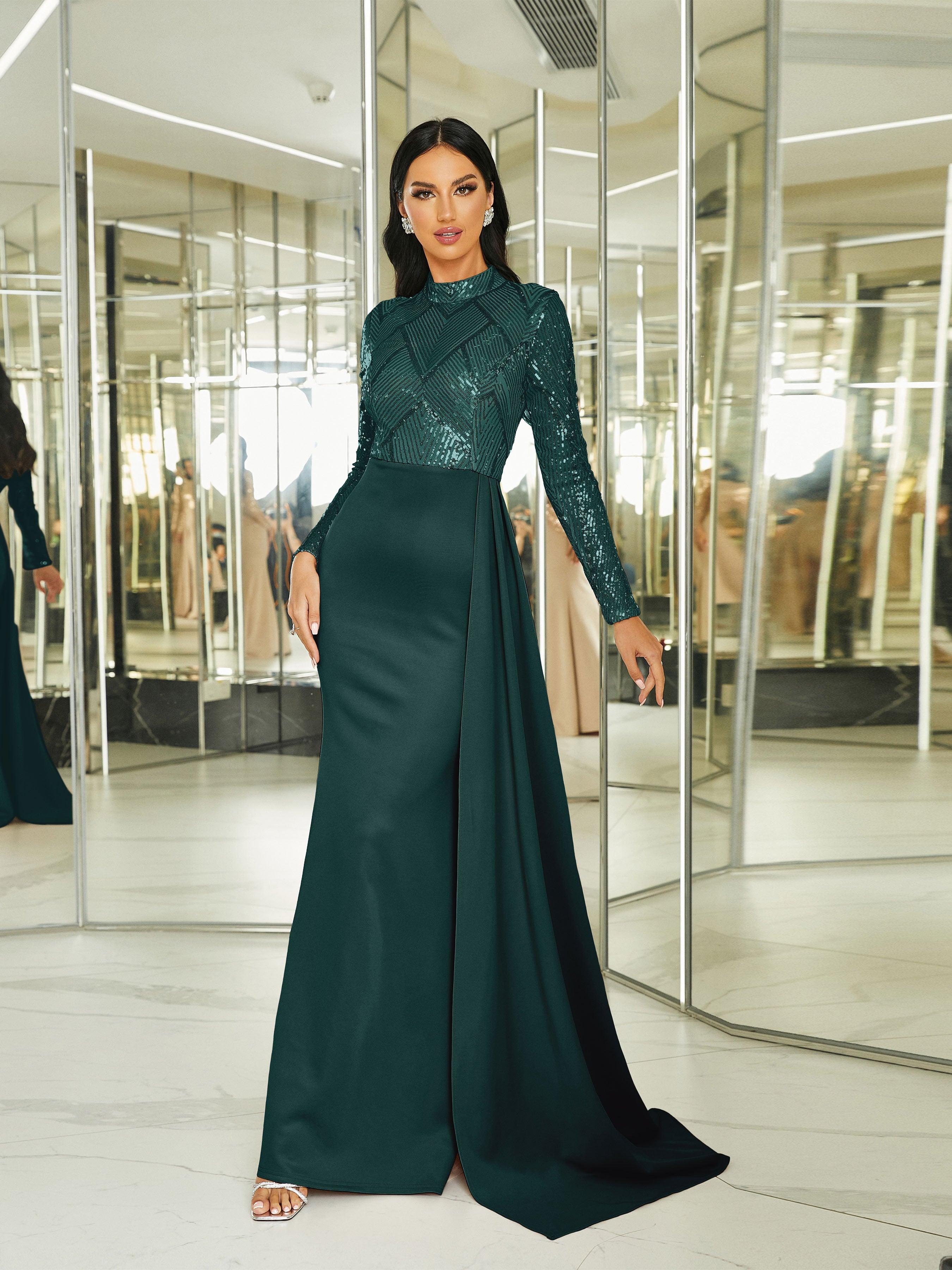 Draping Long Sleeve Sequin Formal Dress