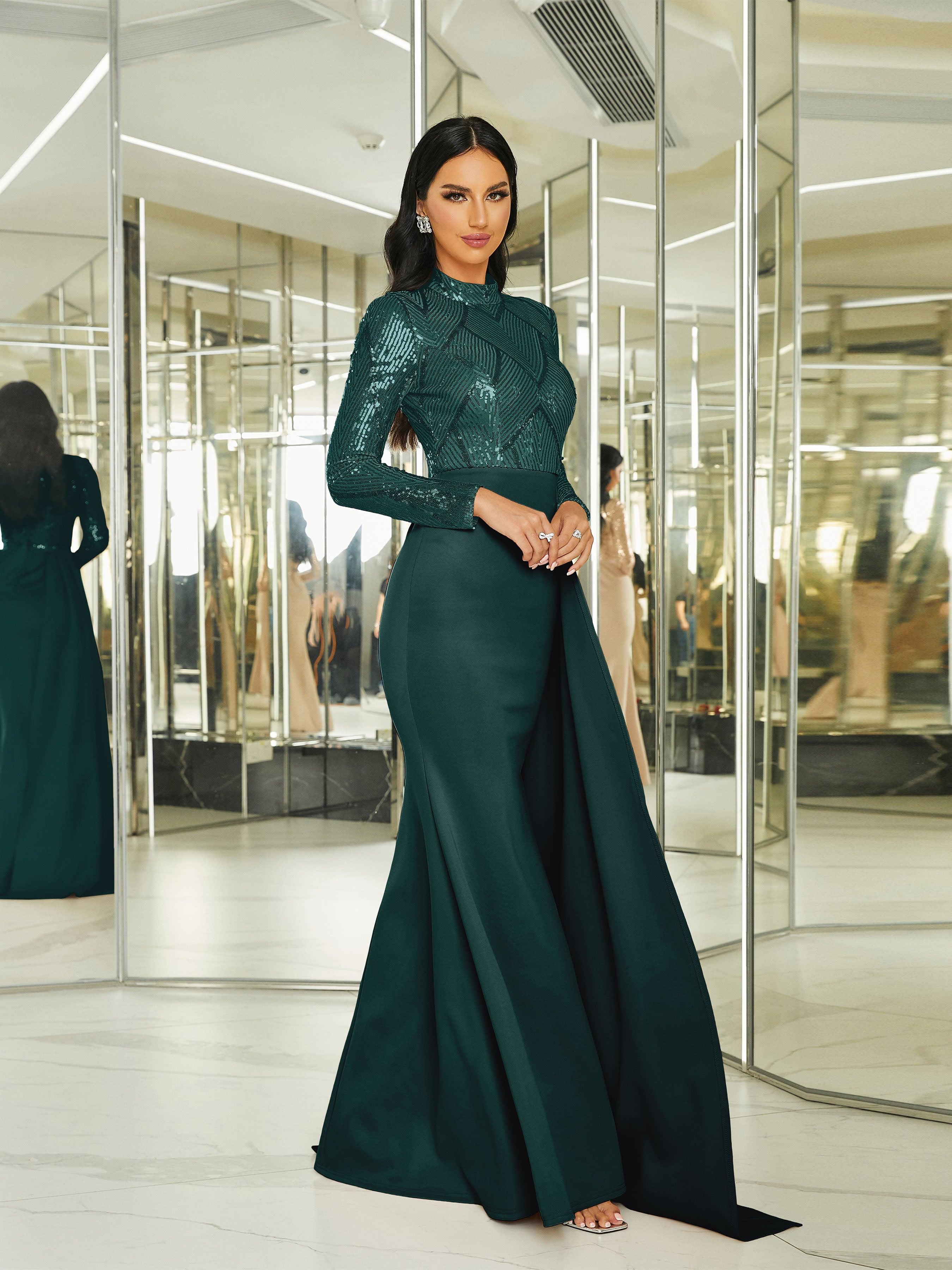 Draping Long Sleeve Sequin Formal Dress