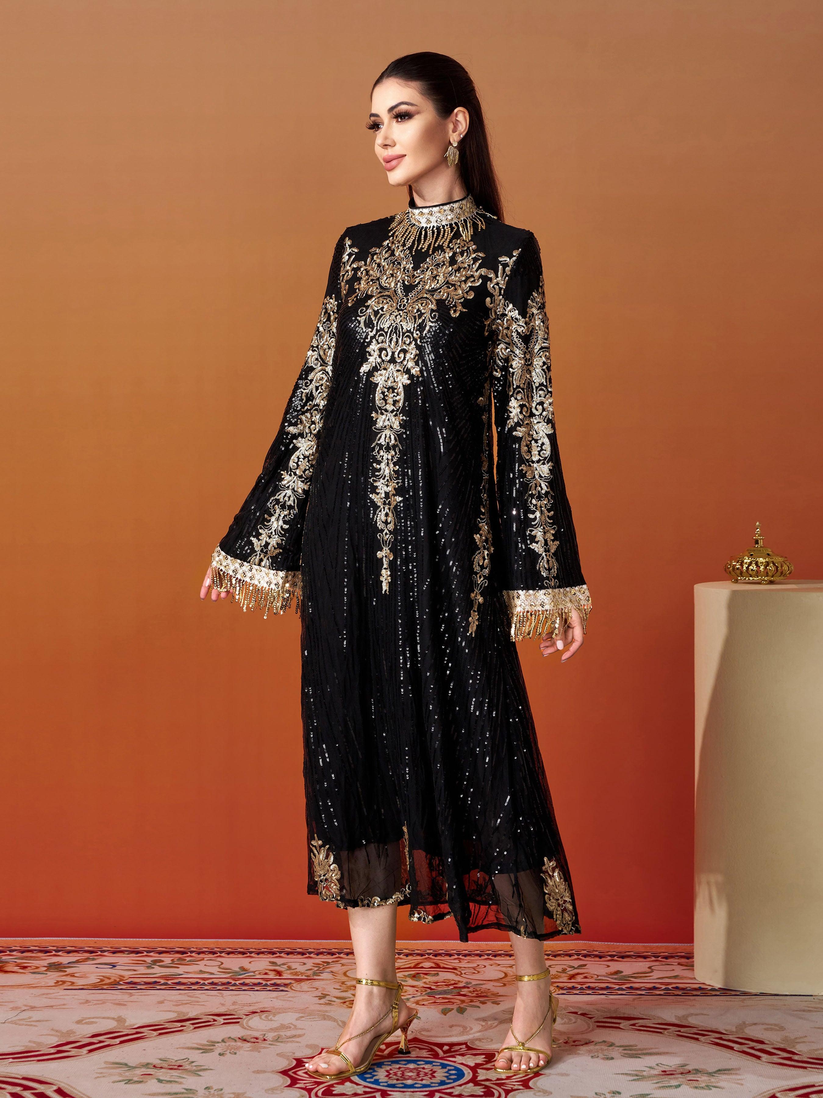 Stand Collar Bell Sleeve Sequin Dress