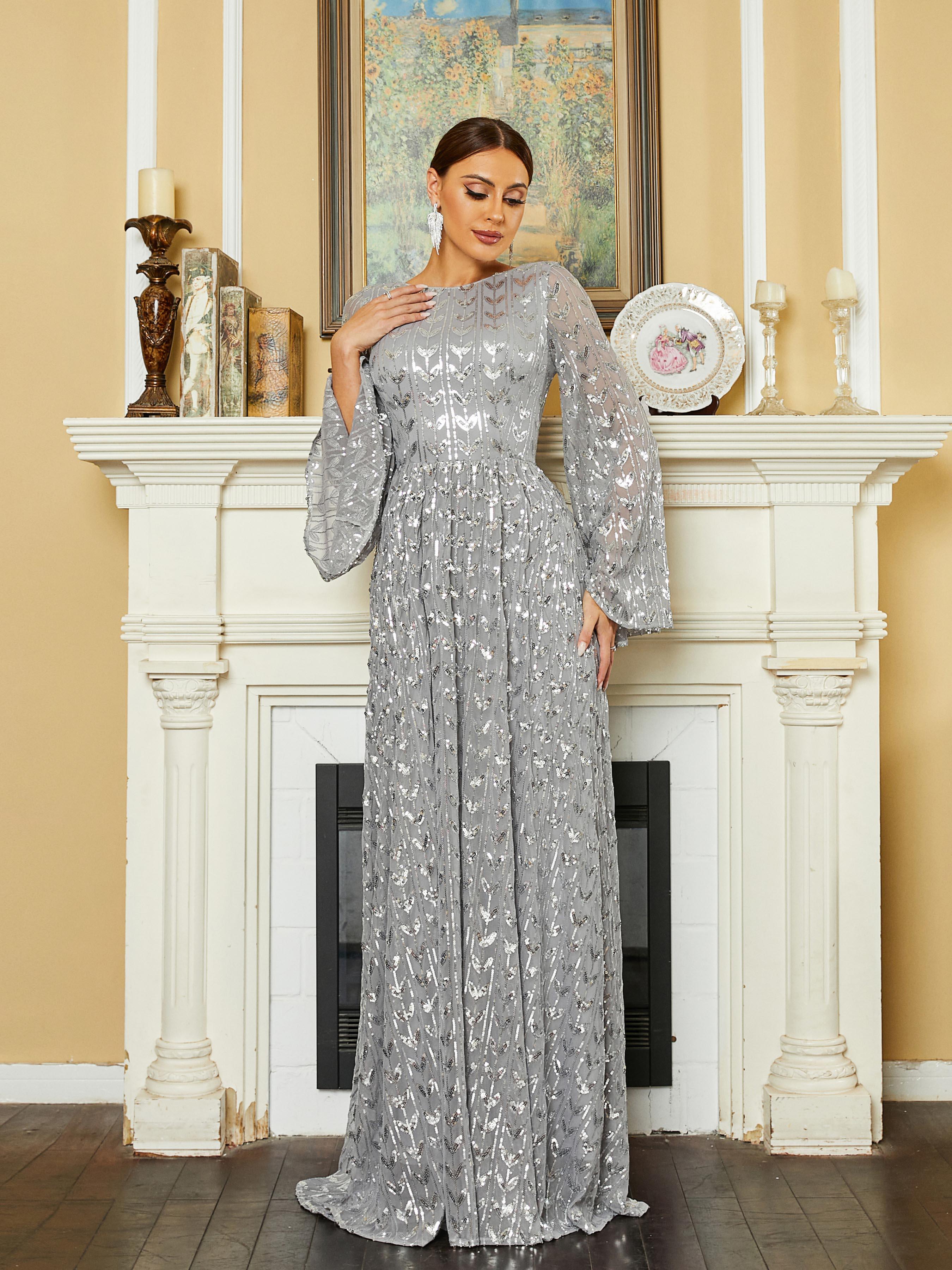 Bell Sleeve Backless Sequin Evening Dress