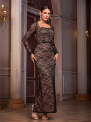 Square Neck Long Sleeve Lace Slit Formal Dress